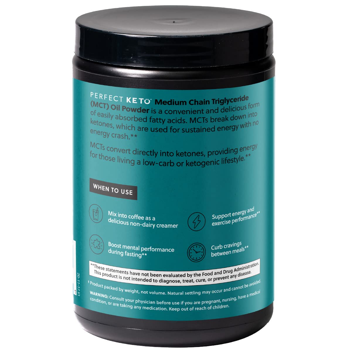 Perfect Keto textura del polvo MCT en primer plano, fácil disolución