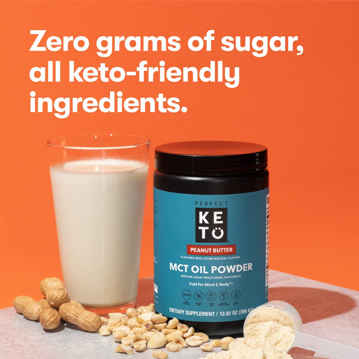 Etiqueta nutricional Perfect Keto destacando 7g MCT por porción y 30 servicios
