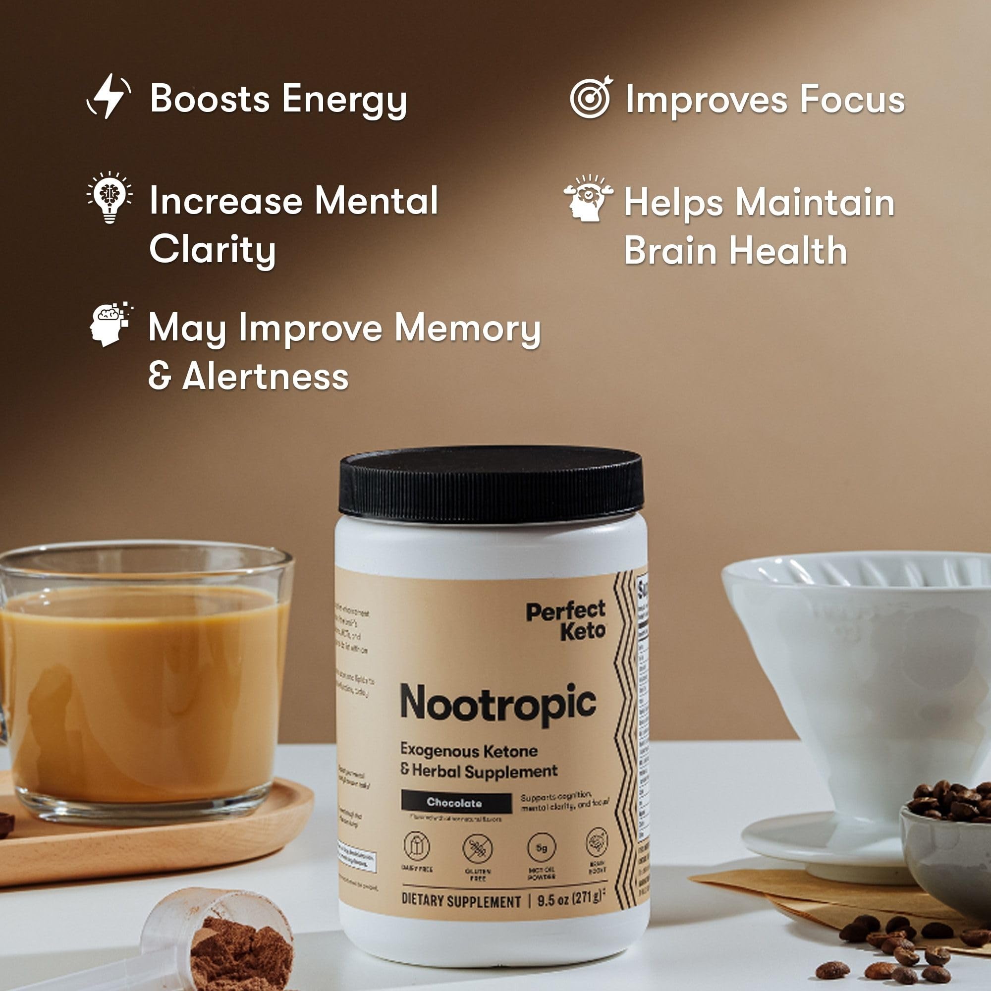 Perfect Keto envase junto a medidor que indica 15 porciones