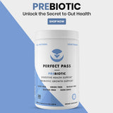 PERFECT PASS cuchara medidora junto al envase para referencia de dosis