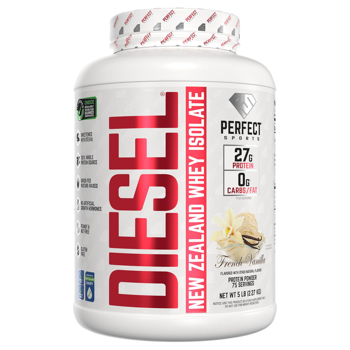 PERFECT SPORTS envase DIESEL New Zealand Whey frente mostrando marca y sabor