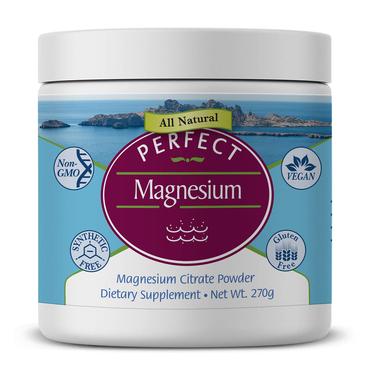Perfect Supplements envase frontal mostrando el producto y su ventaja de alta absorción