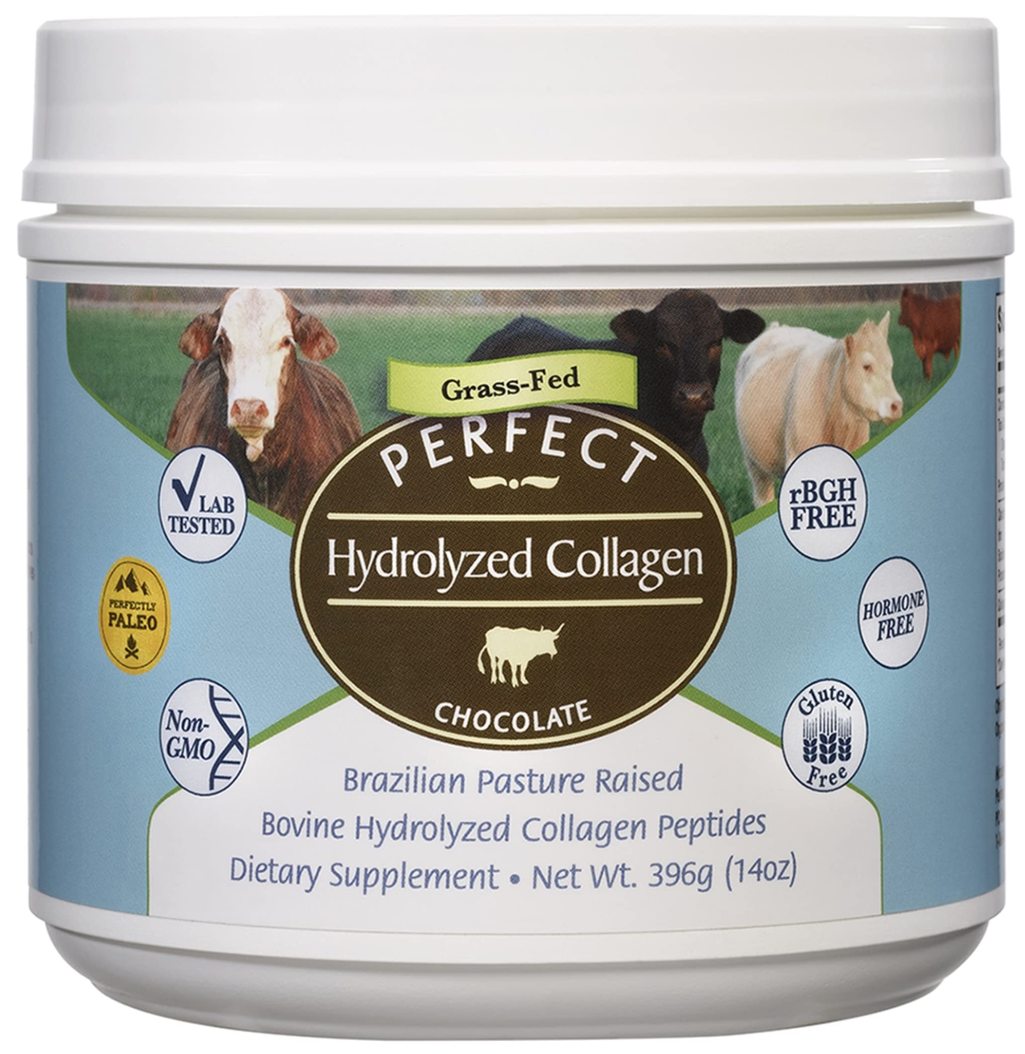 Perfect Supplements envase frontal mostrando colágeno chocolate y beneficio de pureza