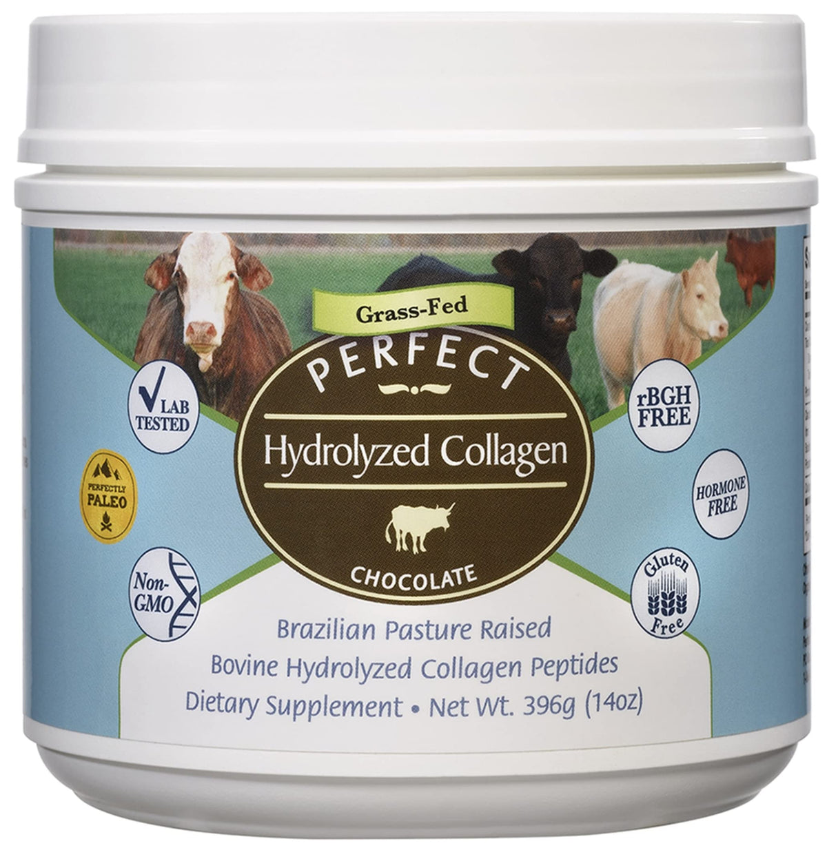 Perfect Supplements envase frontal mostrando colágeno chocolate y beneficio de pureza