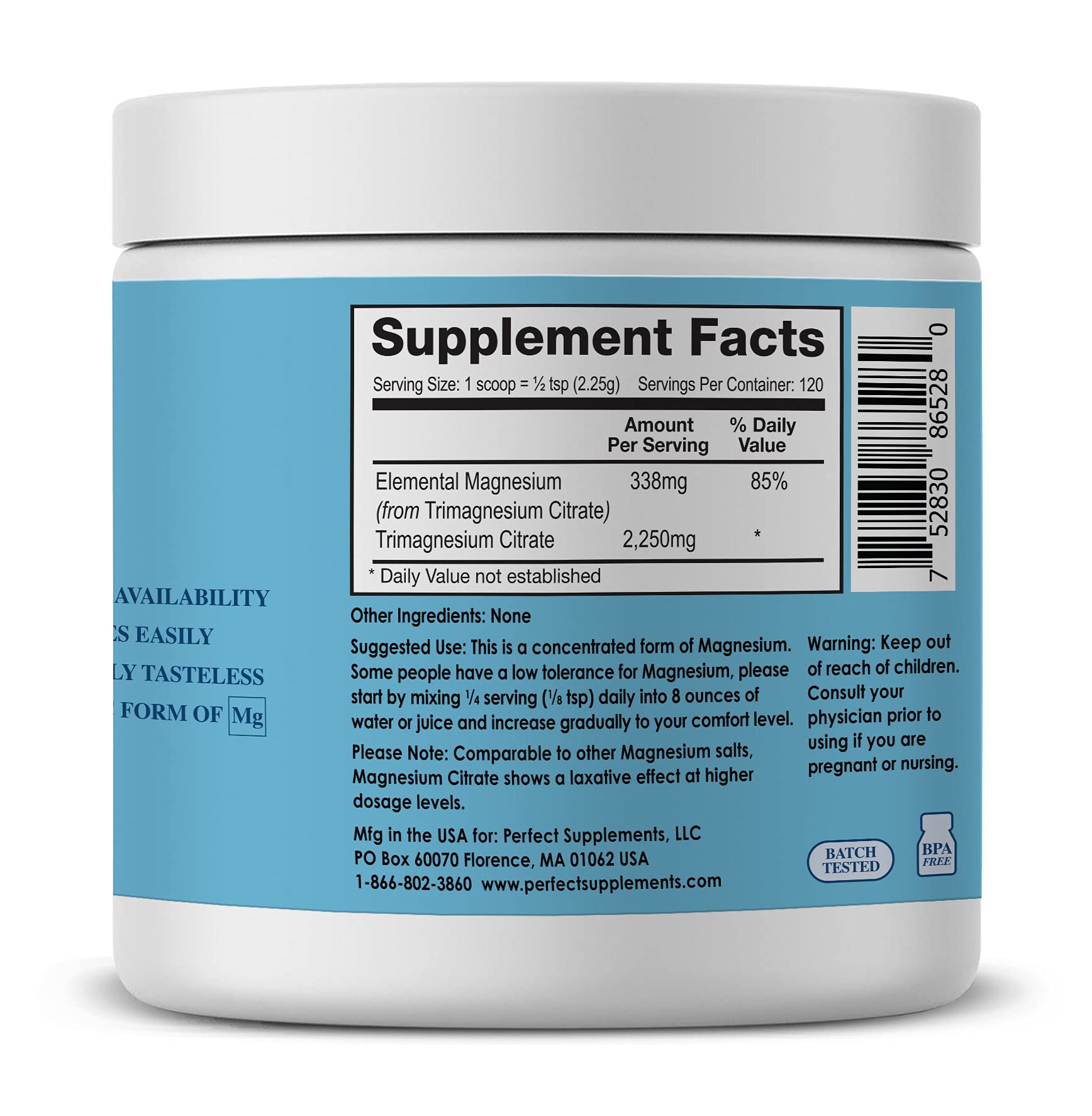 Perfect Supplements primer plano del polvo mostrando textura fina y fácil disolución