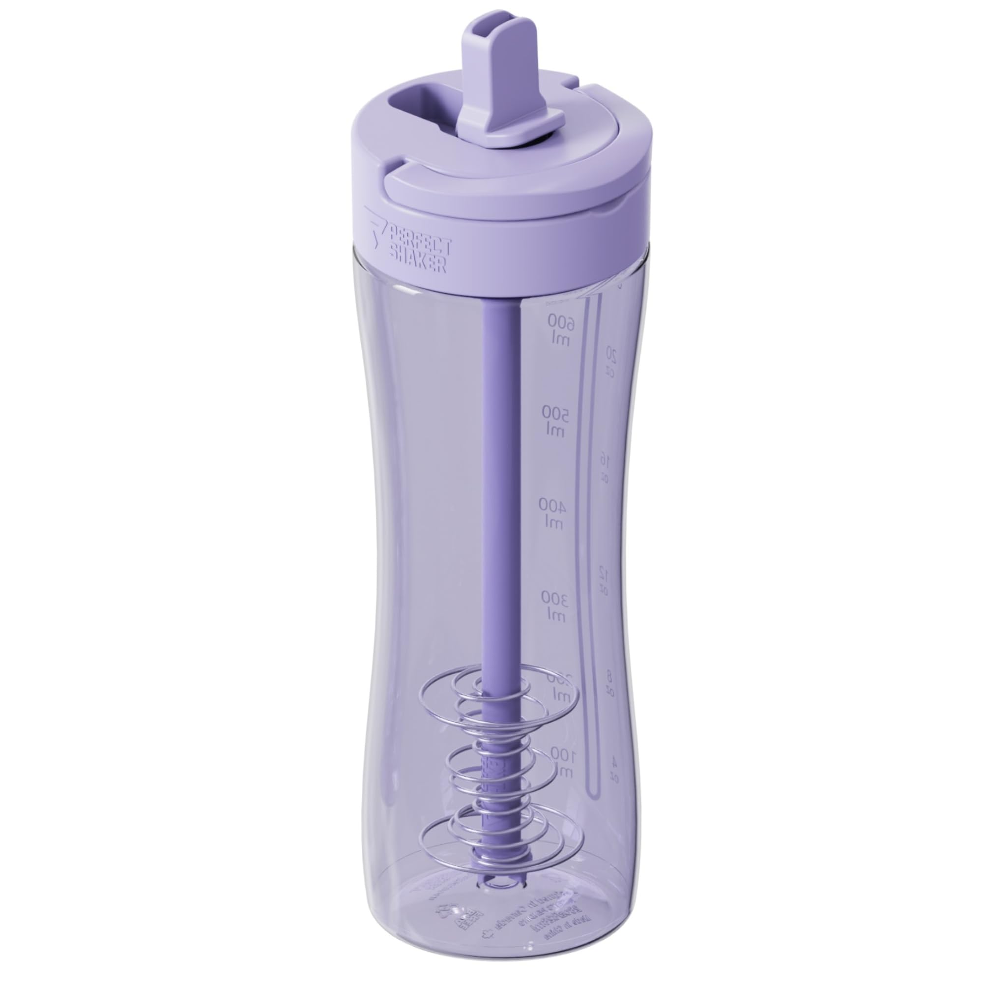 PerfectShaker Luma vista frontal lavanda con cierre hermético, ideal para transporte