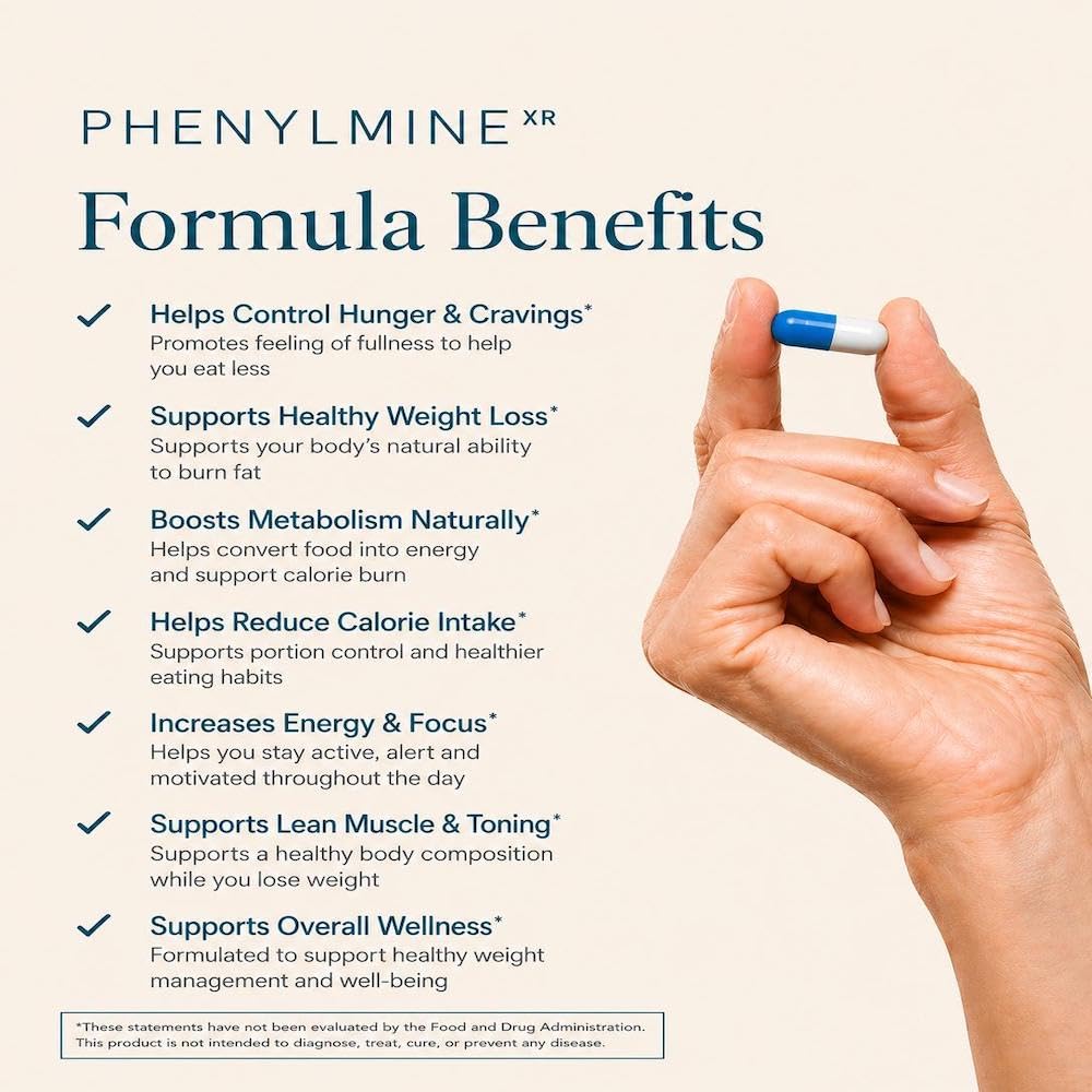 Mano sosteniendo cápsulas Performacal Phenylmine XR para apreciar tamaño y dosificación práctica