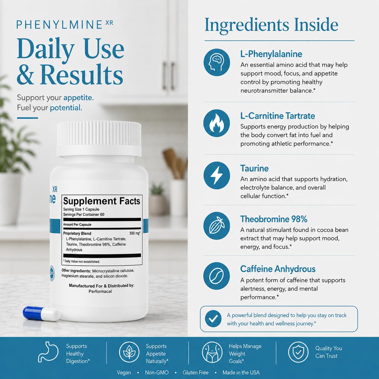 Representación gráfica de ingredientes Performacal Phenylmine XR mostrando apoyo metabólico