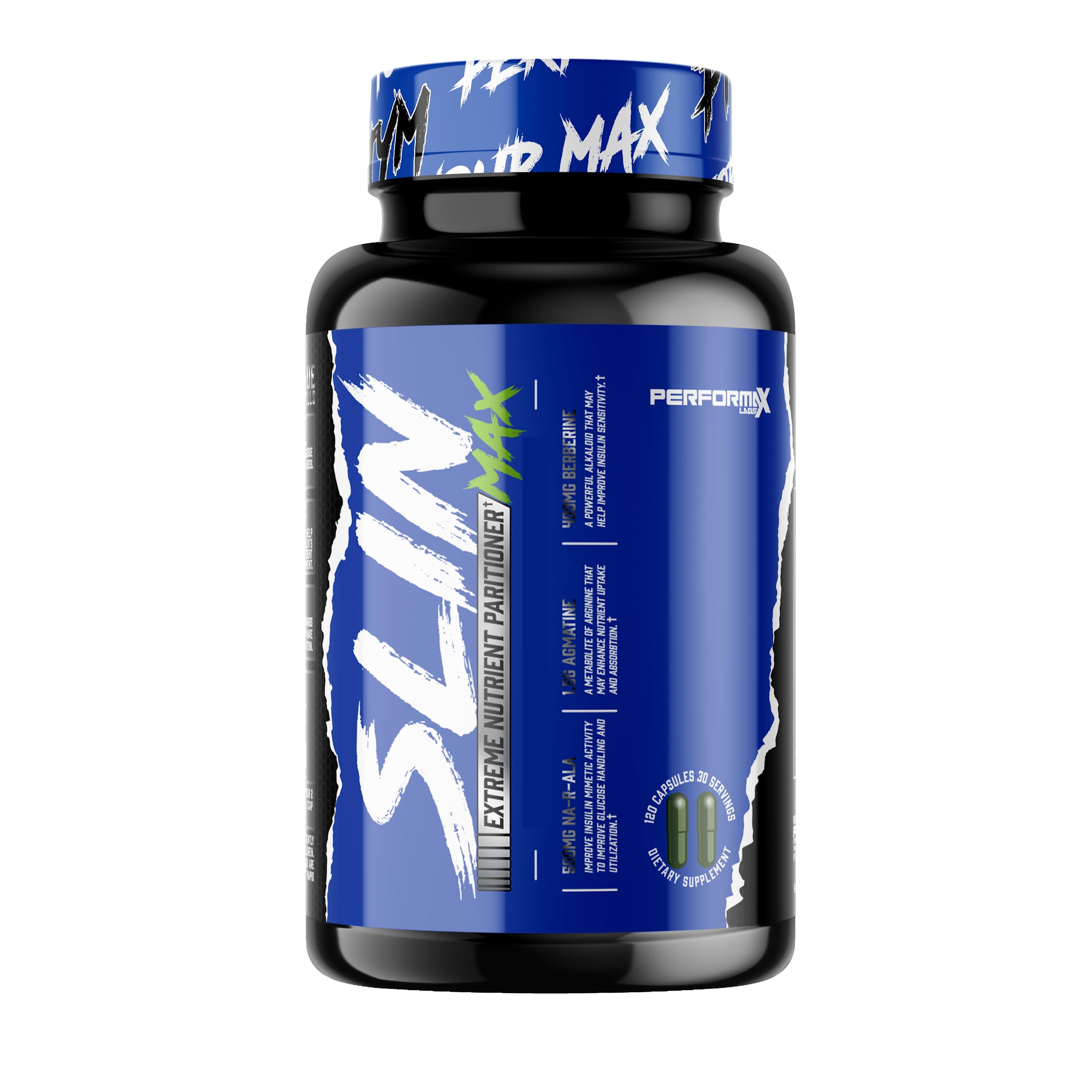 Performax Labs frasco SLIN Max frente mostrando etiqueta y beneficio de partición de nutrientes