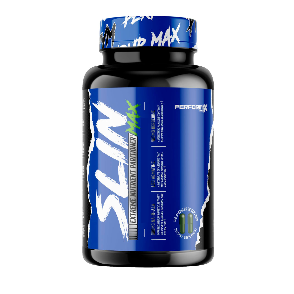 Performax Labs frasco SLIN Max frente mostrando etiqueta y beneficio de partición de nutrientes