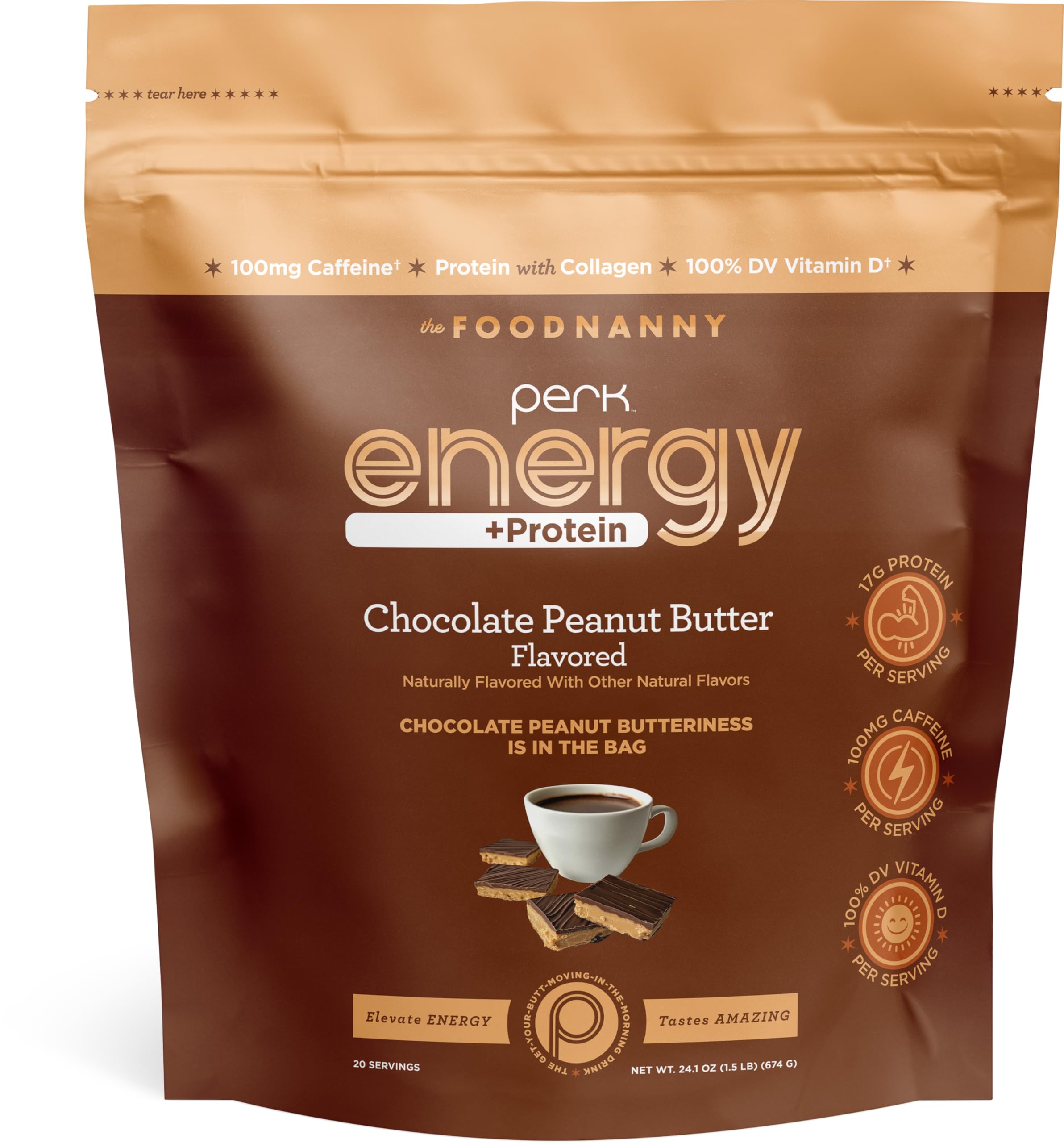 Perk envase frontal Chocolate Peanut Butter mostrando información nutricional y marca, conveniencia visual