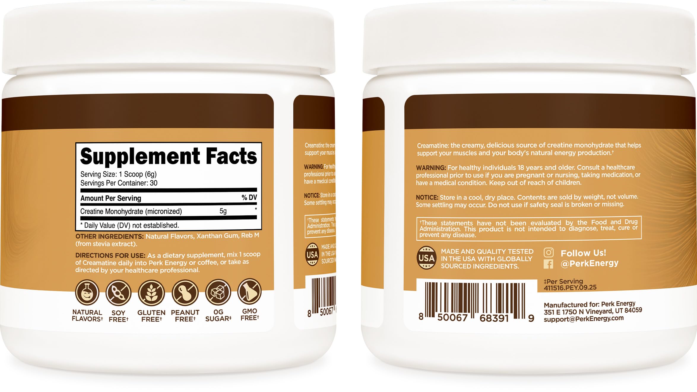 Perk Creamatine etiqueta con información de ingredientes y certificaciones
