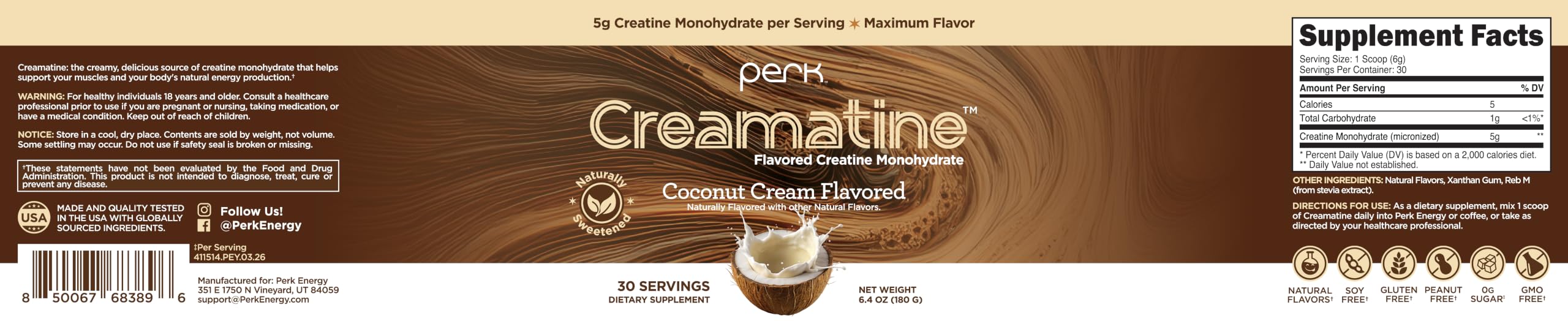 Perk Creamatine etiqueta nutricional visible con 5 g creatina por porción y certificaciones