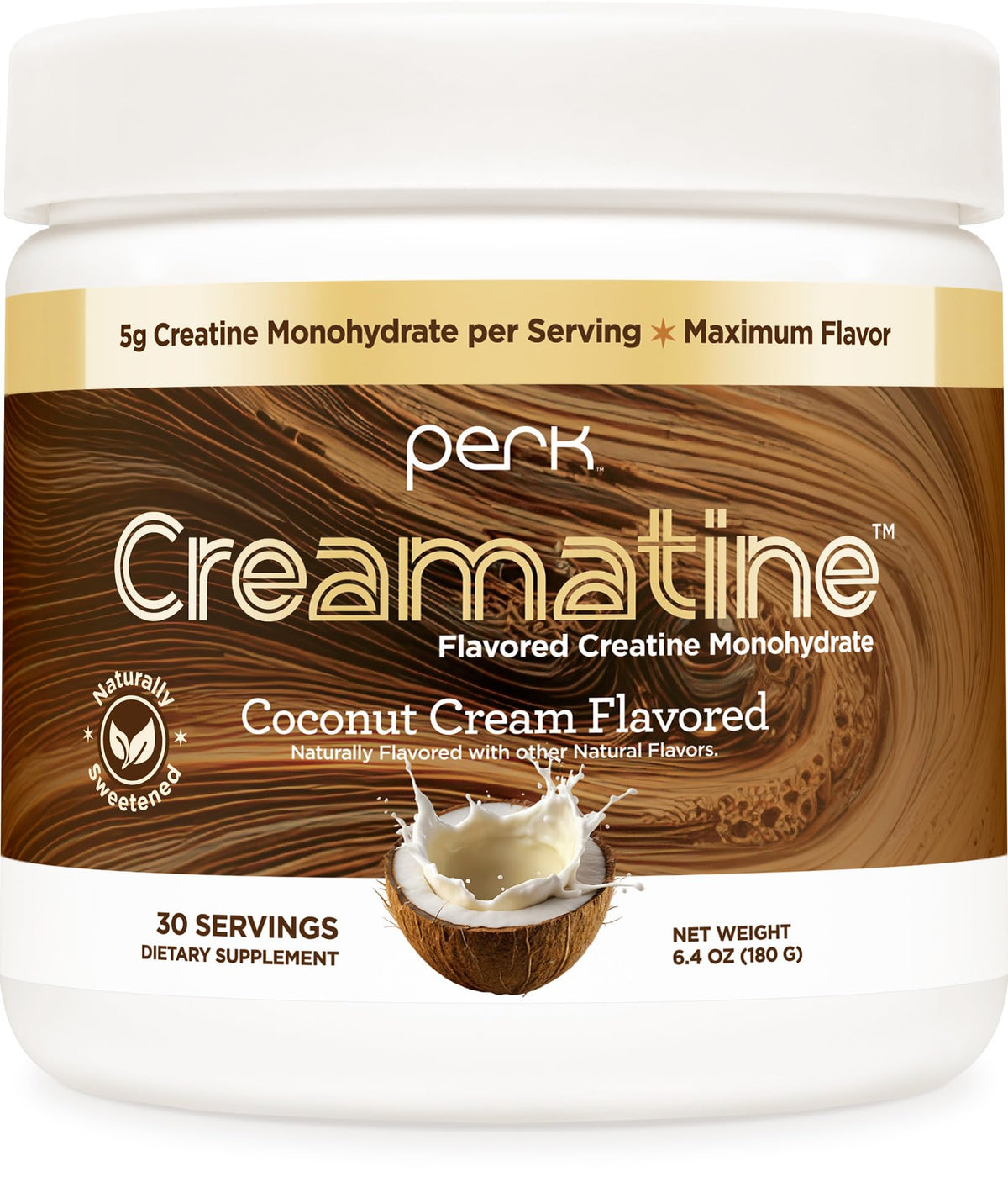 Perk Creamatine envase frontal con diseño y sabor crema de coco, aporta conveniencia