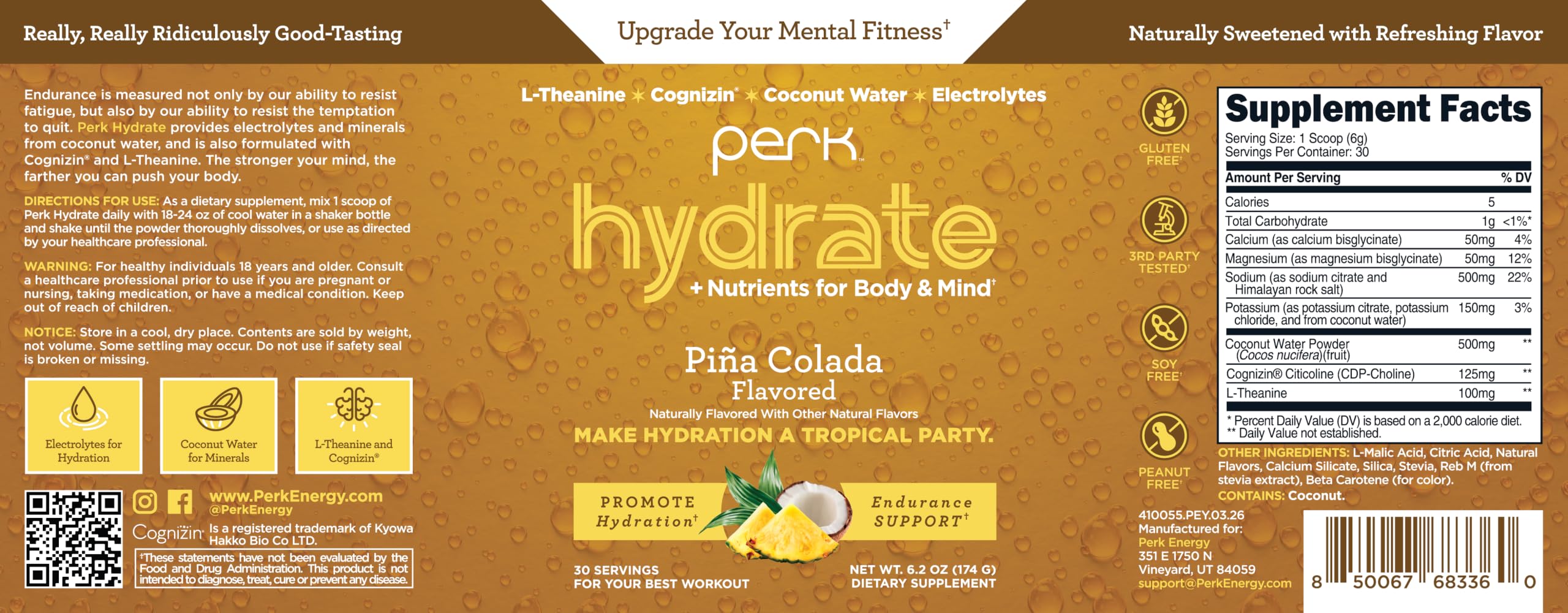 Perk etiqueta en primer plano con ingredientes y certificaciones claras