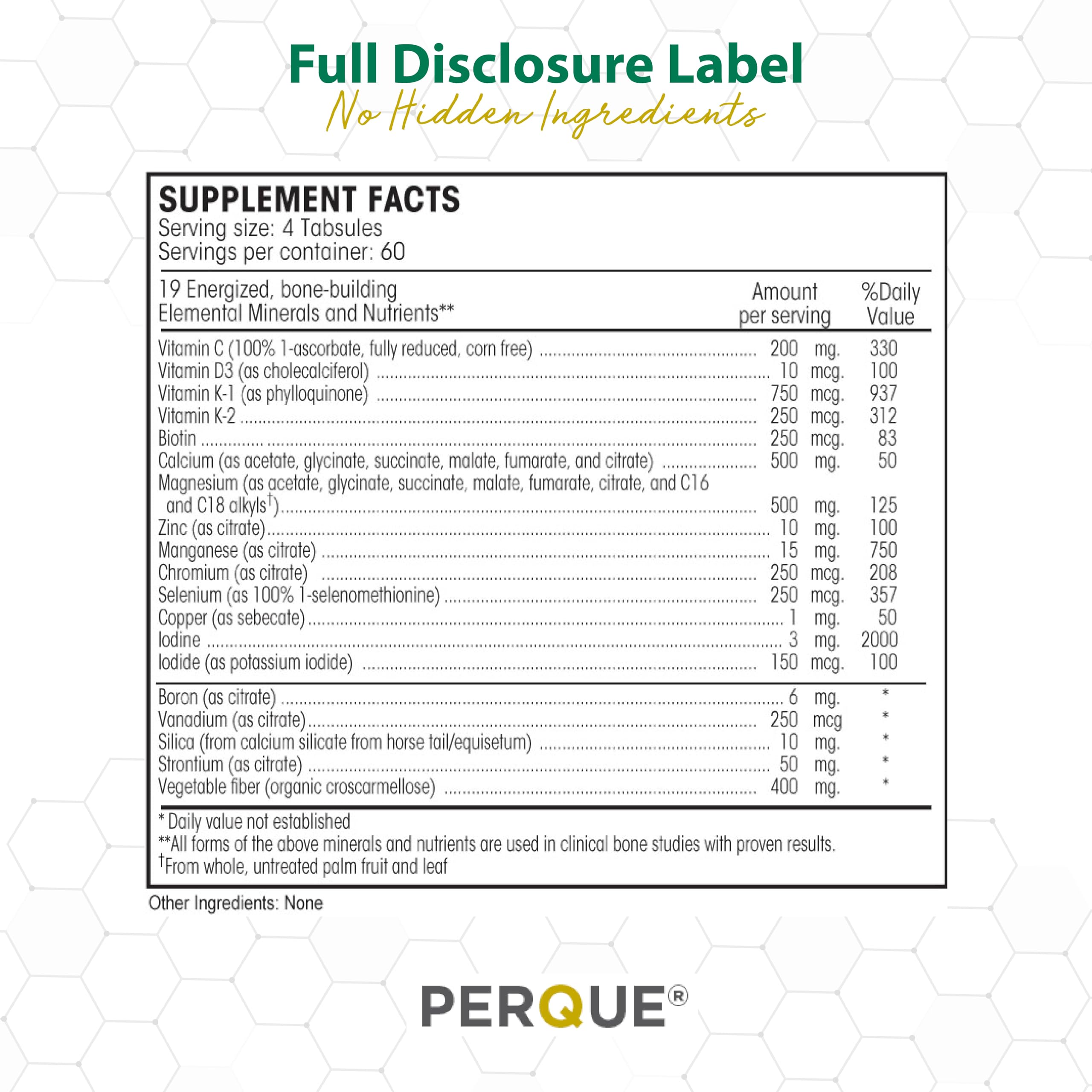 PERQUE etiqueta de ingredientes Bone Guard Forte 20 con información nutricional clara
