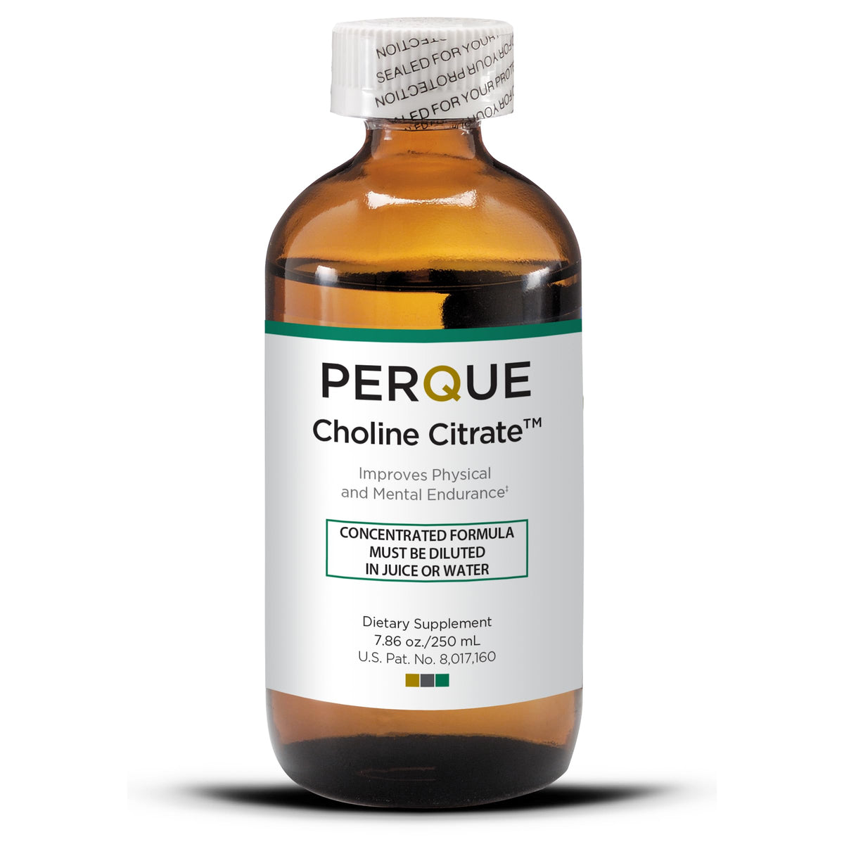 PERQUE frasco frontal del Choline Citrate mostrando la presentación líquida y beneficios de pureza