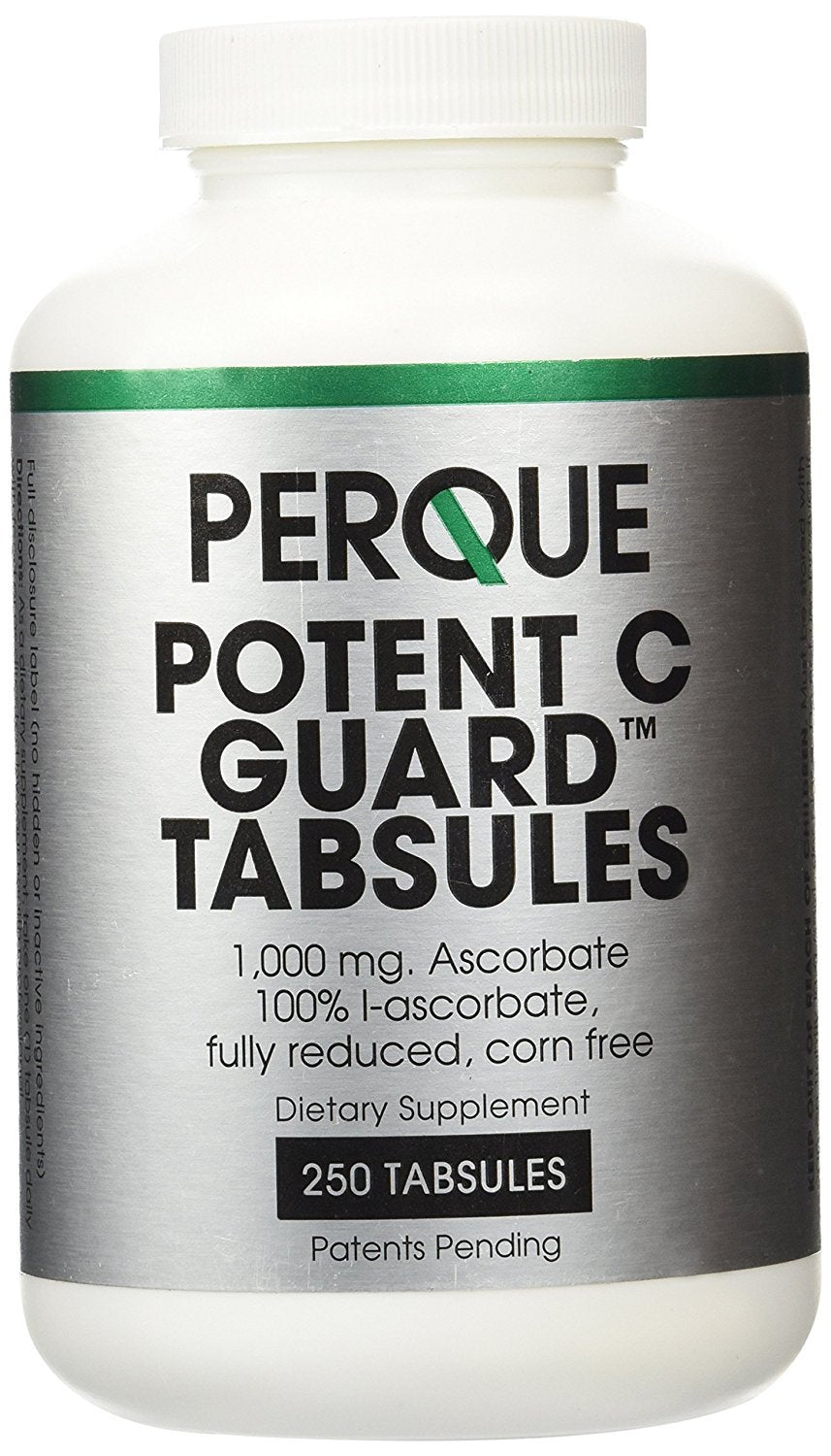 Envase frontal PERQUE Potent C Guard mostrando etiqueta y beneficio de dosificación clara