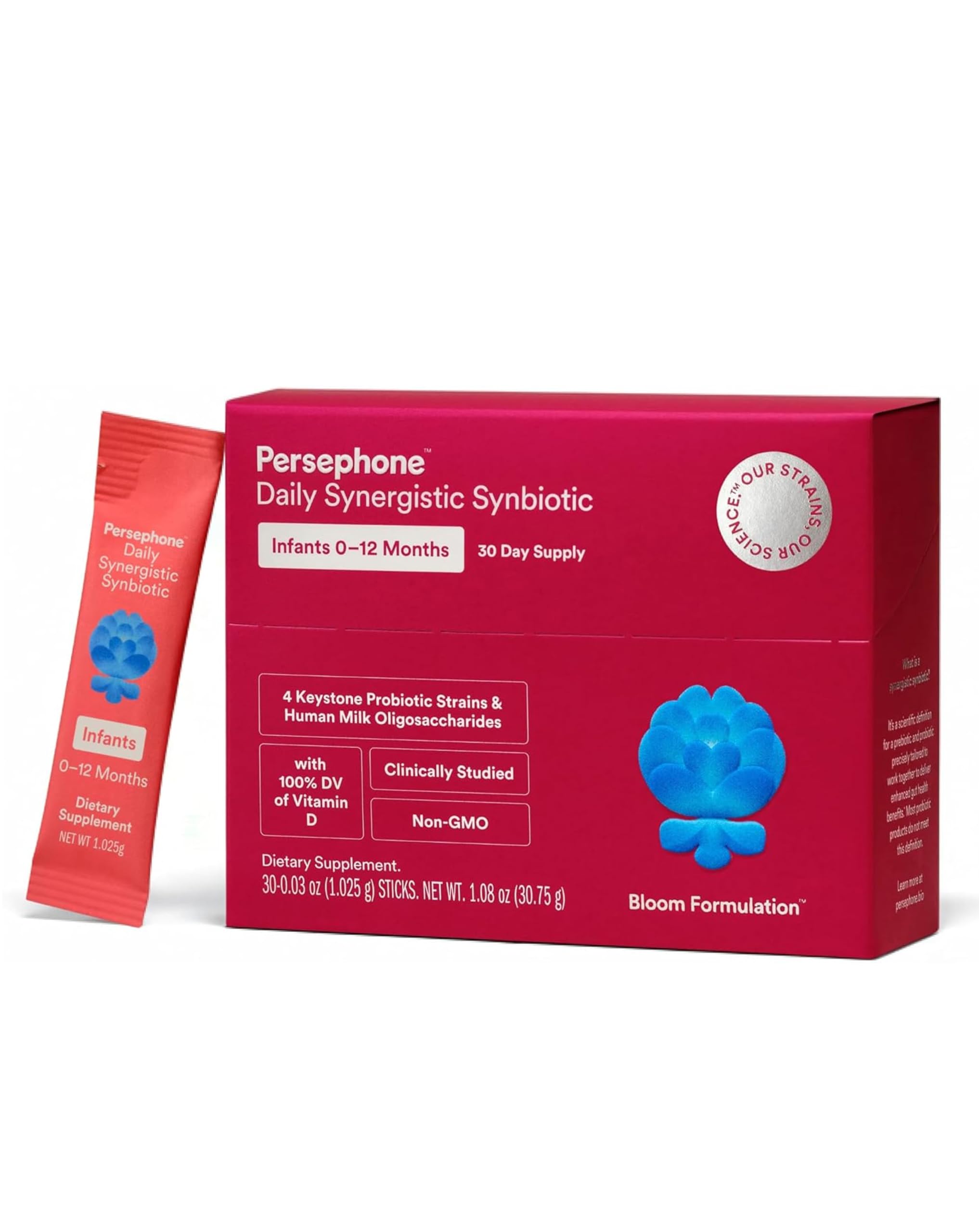 Persephone - frente del empaque mostrando sin sabor y 30 sobres, confianza para padres