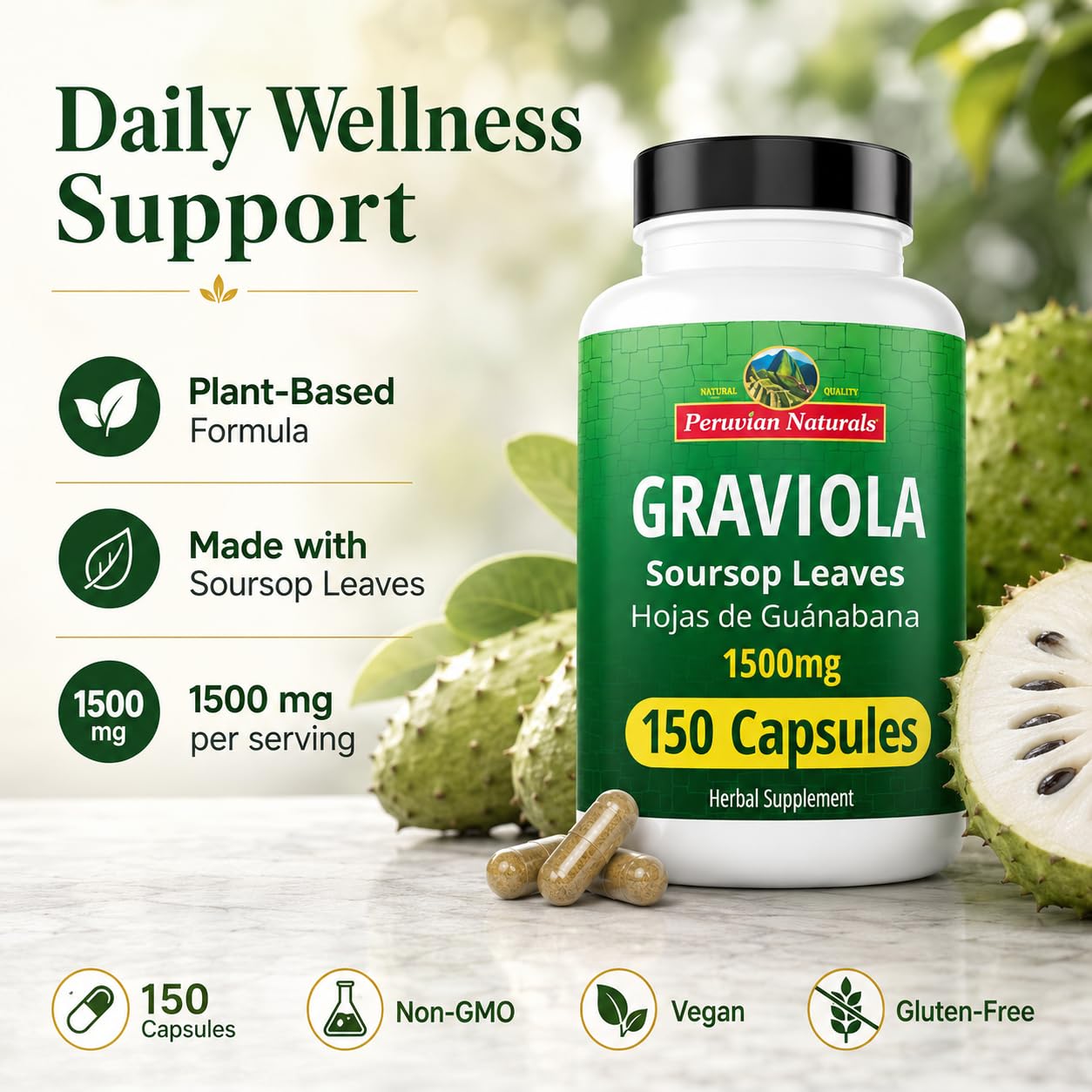 Peruvian Naturals envase junto a desayuno saludable para uso diario