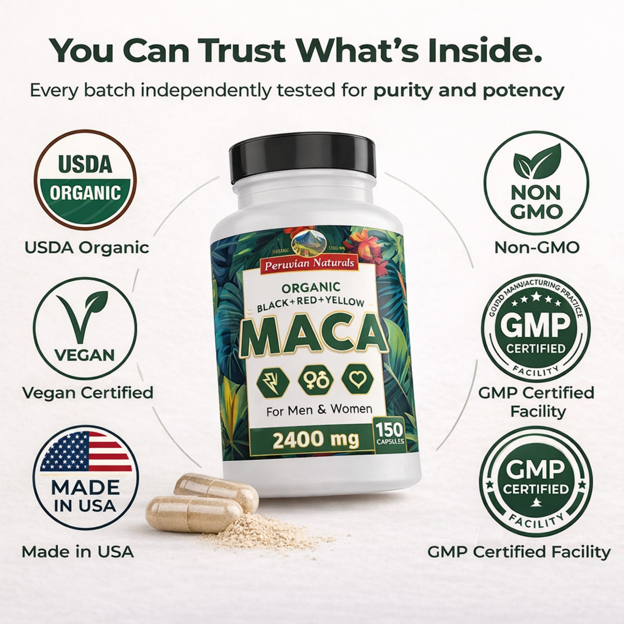 Peruvian Naturals tres polvos de maca negra roja amarilla mostrando variedad y equilibrio