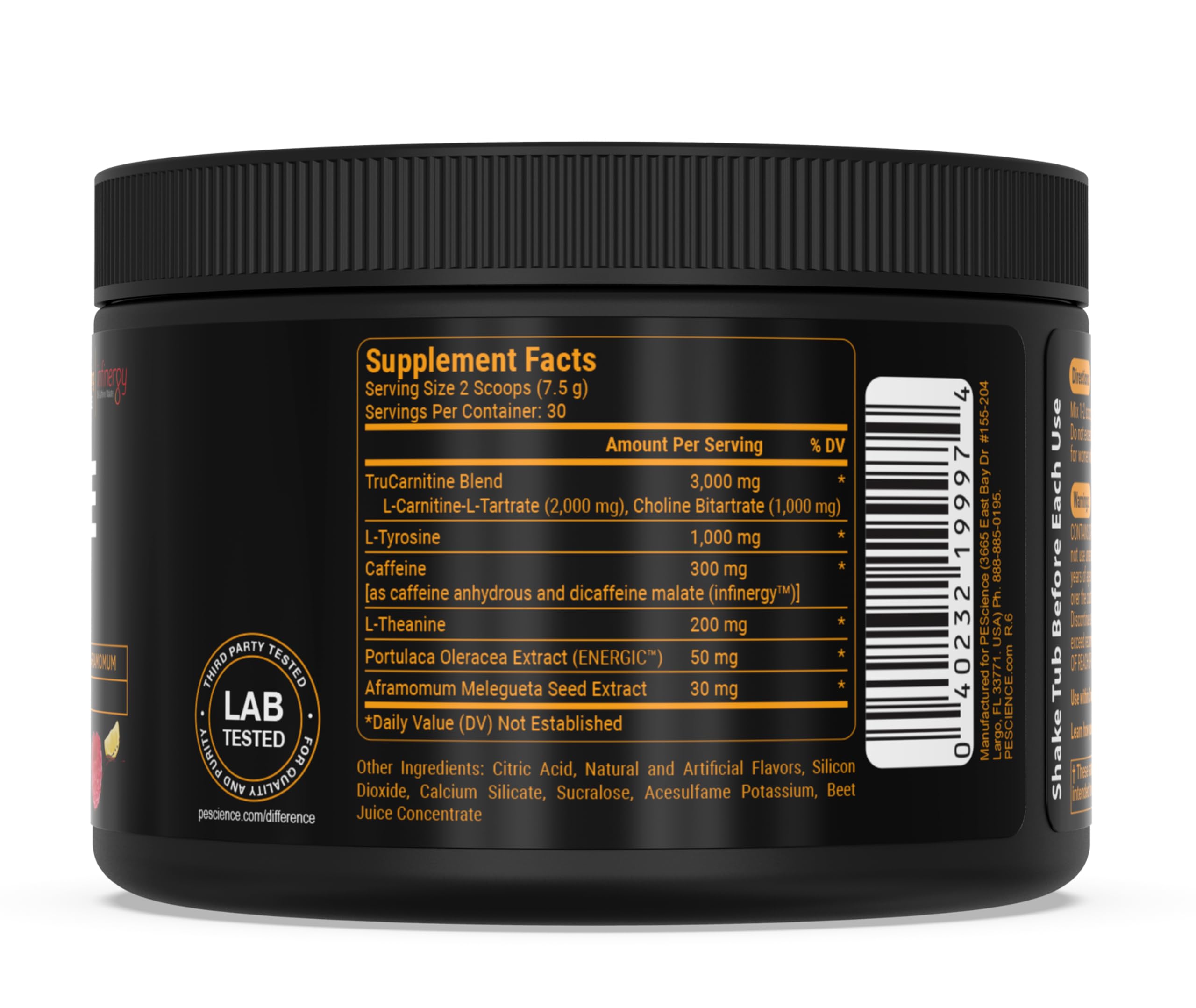 Primer plano etiqueta PEScience Alphamine listando ingredientes clave y beneficios termogénicos
