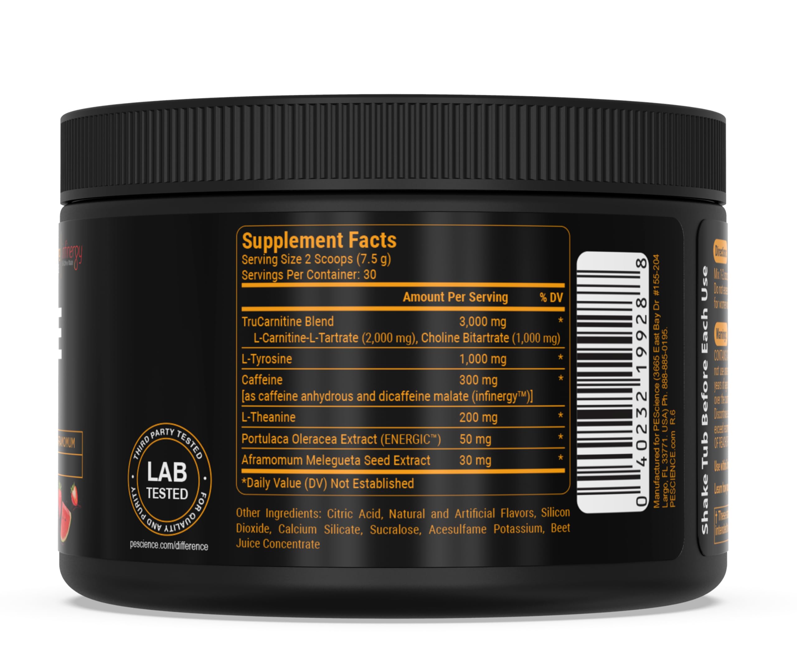 PEScience Alphamine etiqueta con lista de ingredientes clave y beneficios termogénicos