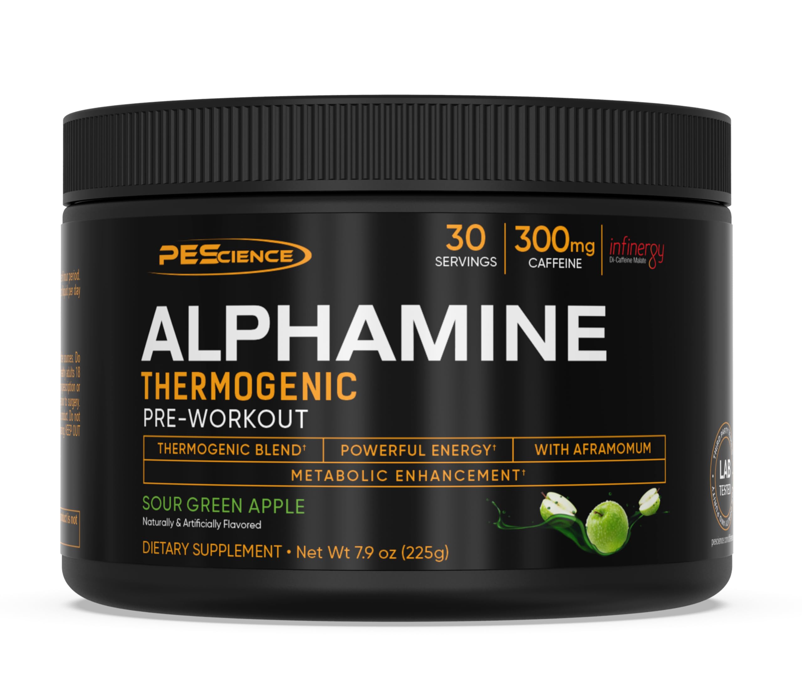 PEScience Alphamine frente del envase mostrando sabor Sour Green Apple y beneficio energético