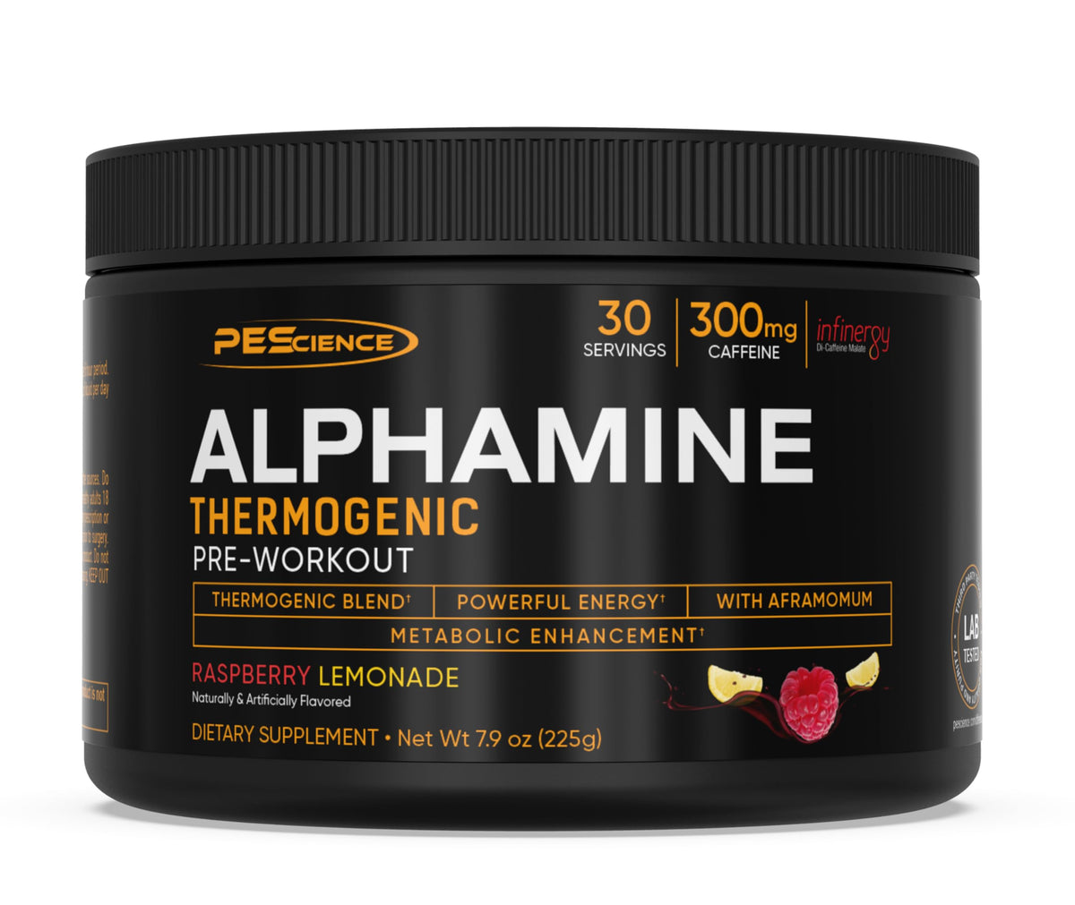 PEScience Alphamine envase frontal mostrando diseño y beneficio energía sostenida