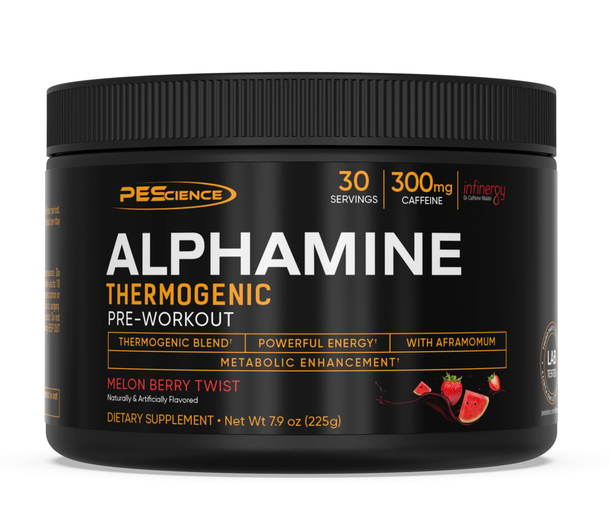 PEScience Alphamine vista frontal del envase con sabor Melon Berry Twist mostrando beneficio energético