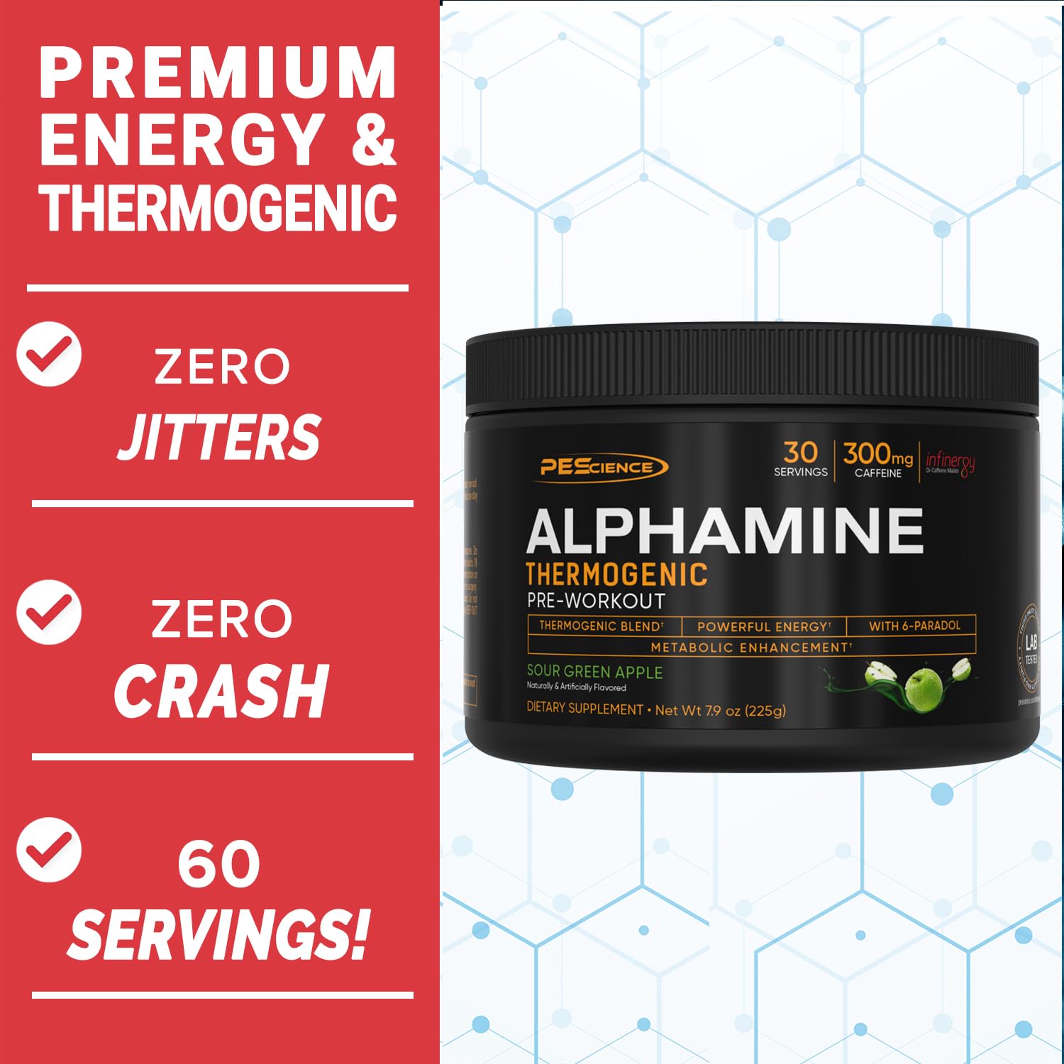 PEScience Alphamine polvo detalle de textura para mezclar rápido y sabor agradable