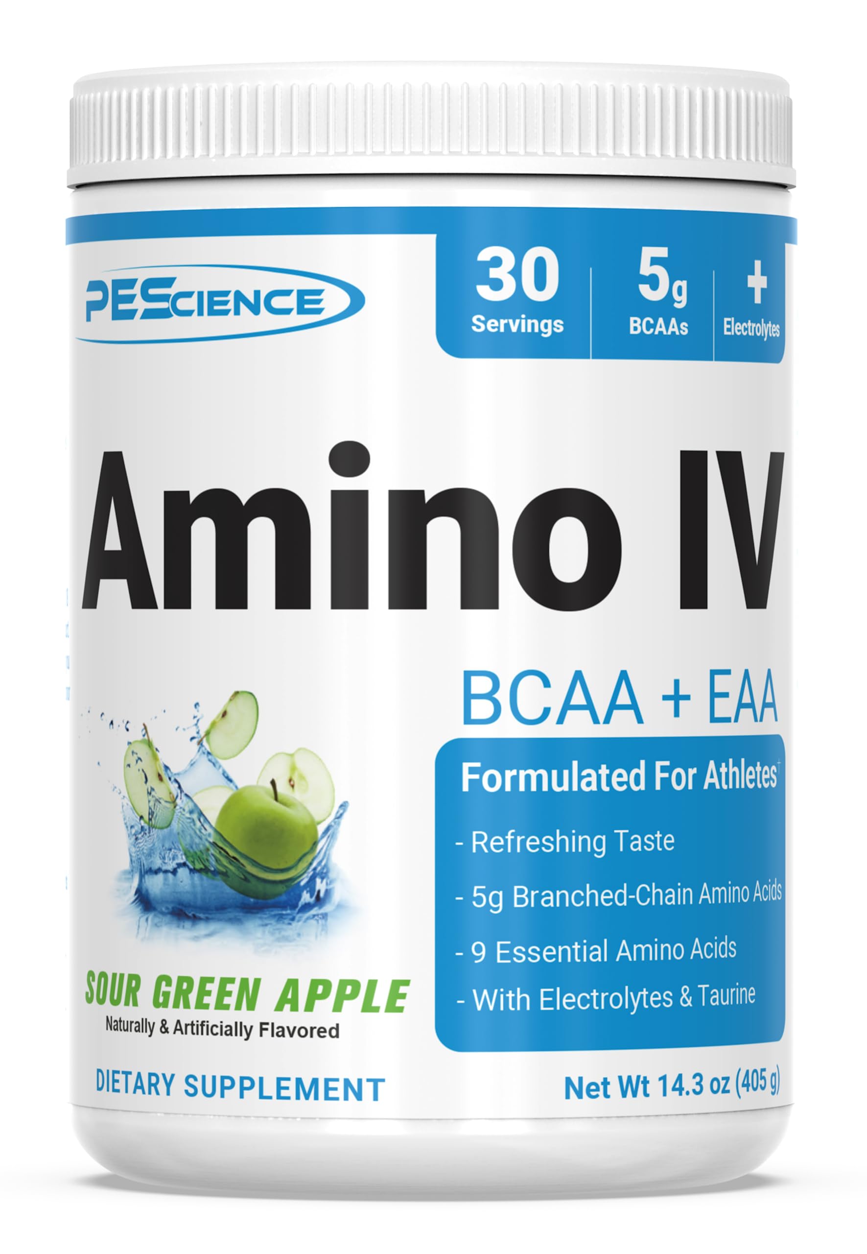 PEScience Amino IV envase frontal mostrando sabor Manzana Verde Ácida y beneficios