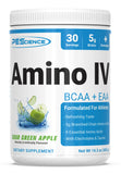 PEScience Amino IV envase frontal mostrando sabor Manzana Verde Ácida y beneficios