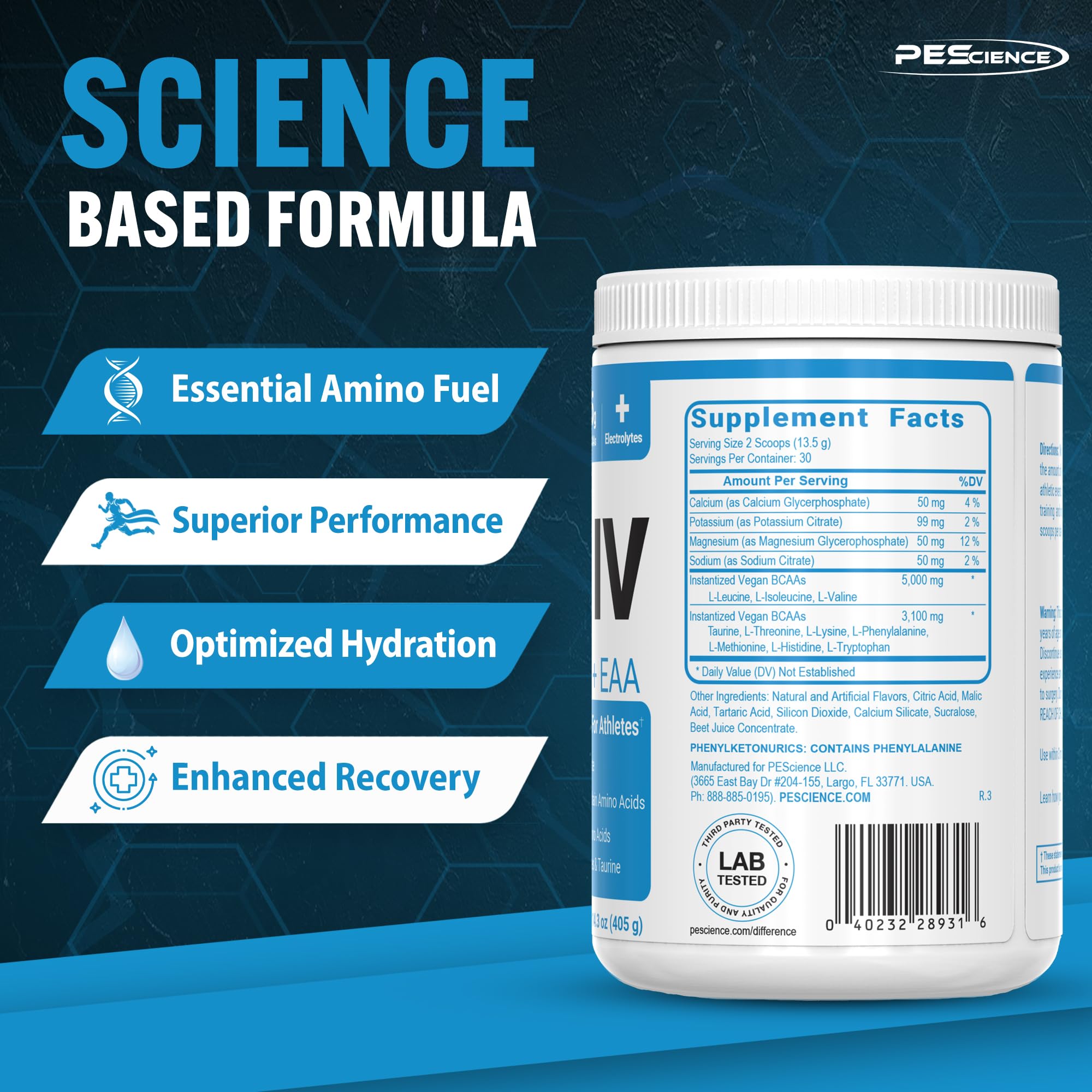 PEScience etiqueta nutricional de Amino IV con detalles de BCAA y EAA