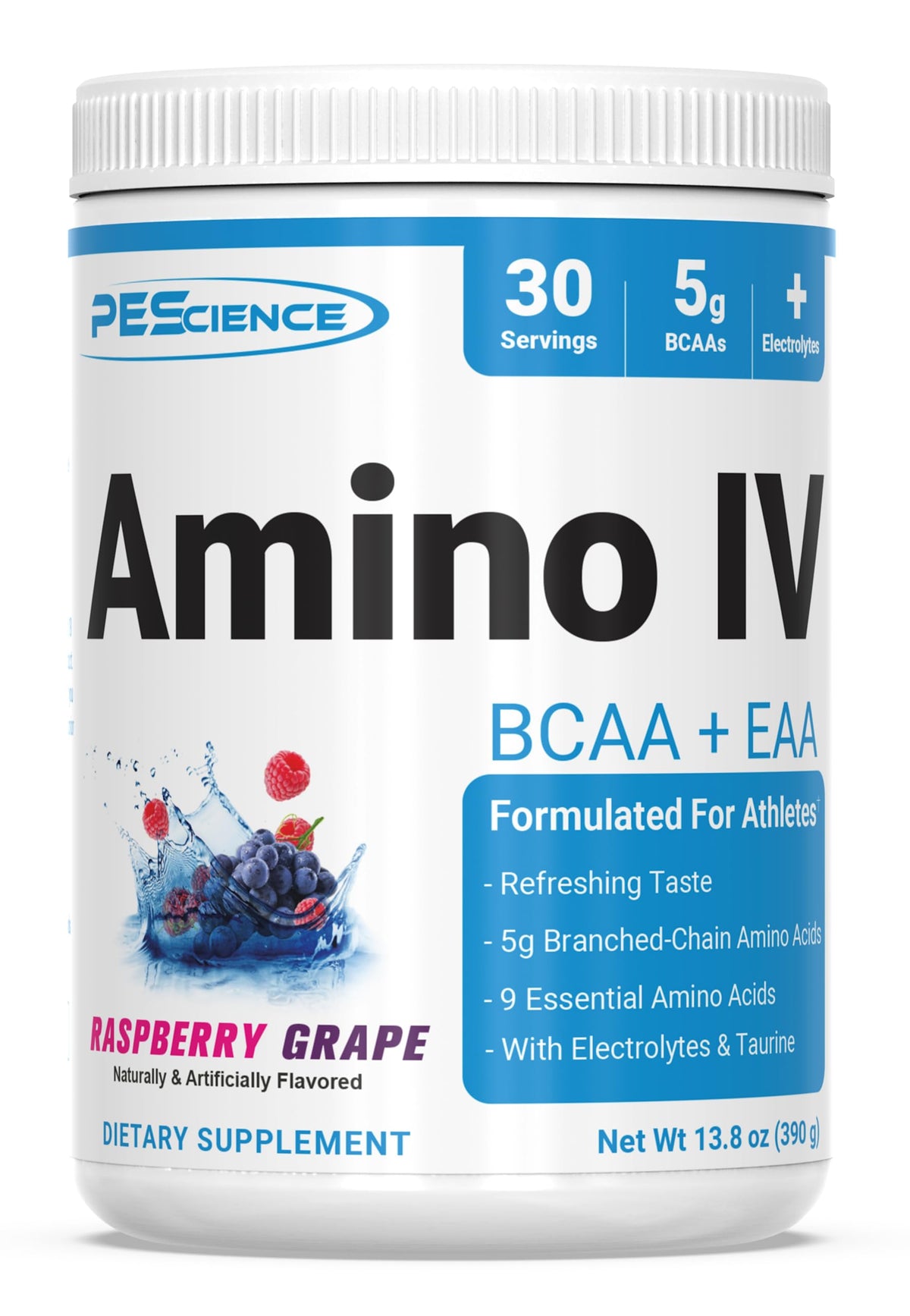 PEScience envase Amino IV frontal mostrando el diseño y sabor Raspberry Grape