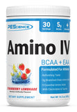 PEScience bote frontal de Amino IV Fresa-Limón mostrando presentación