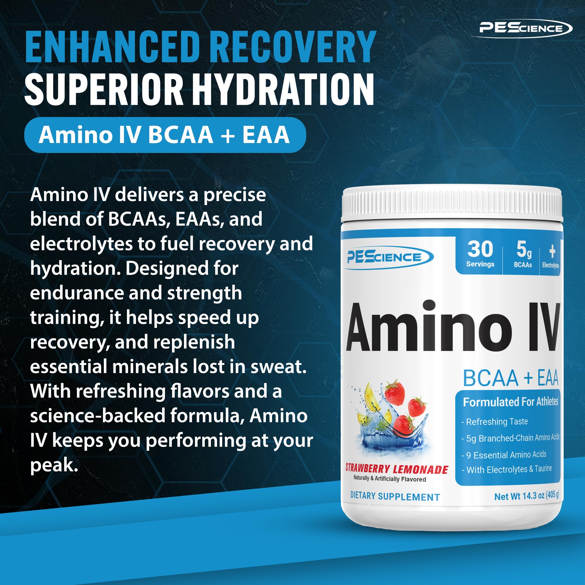 PEScience Amino IV junto a una mano para comparar tamaño del envase