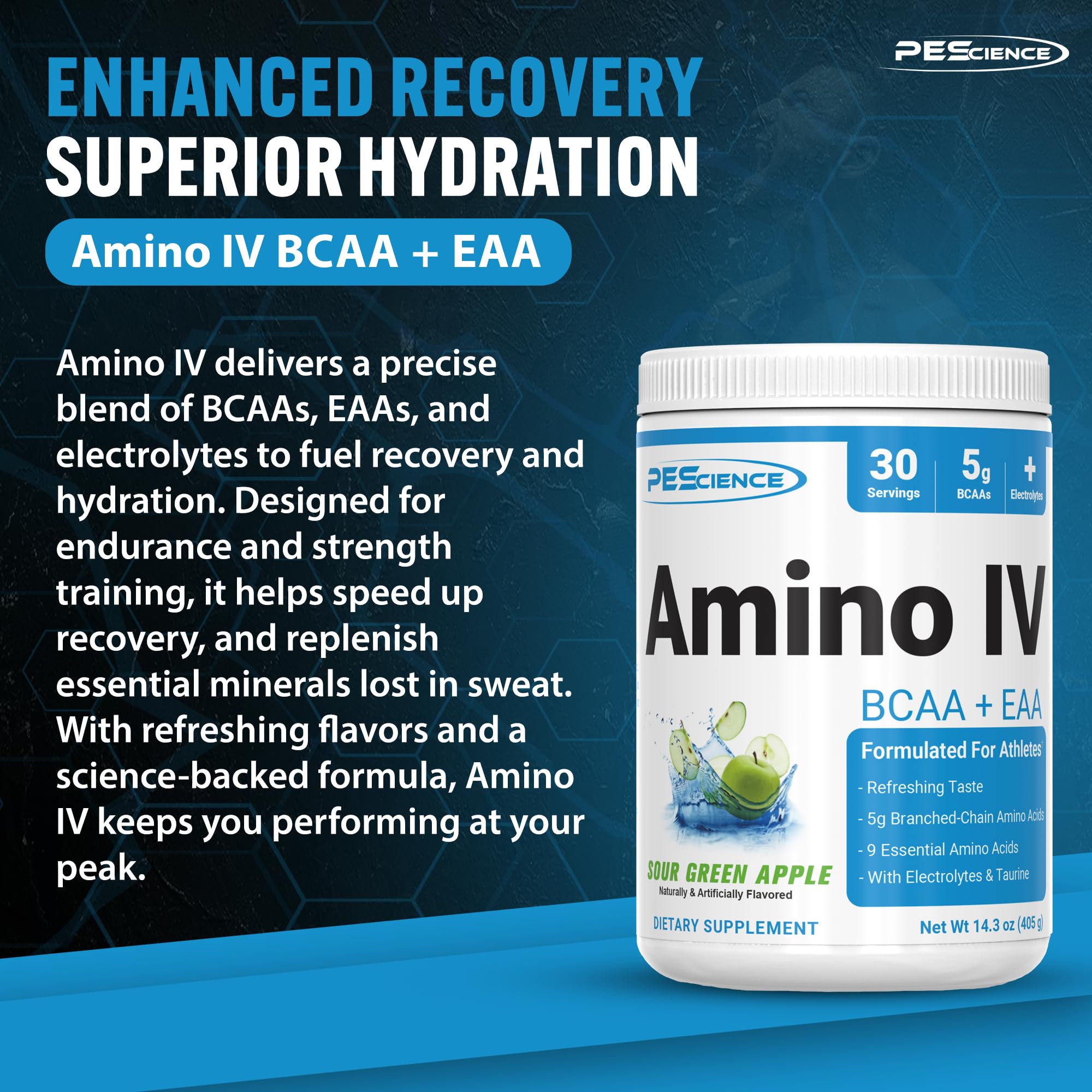 PEScience Amino IV textura del polvo para mezclar rápidamente y disolución fácil