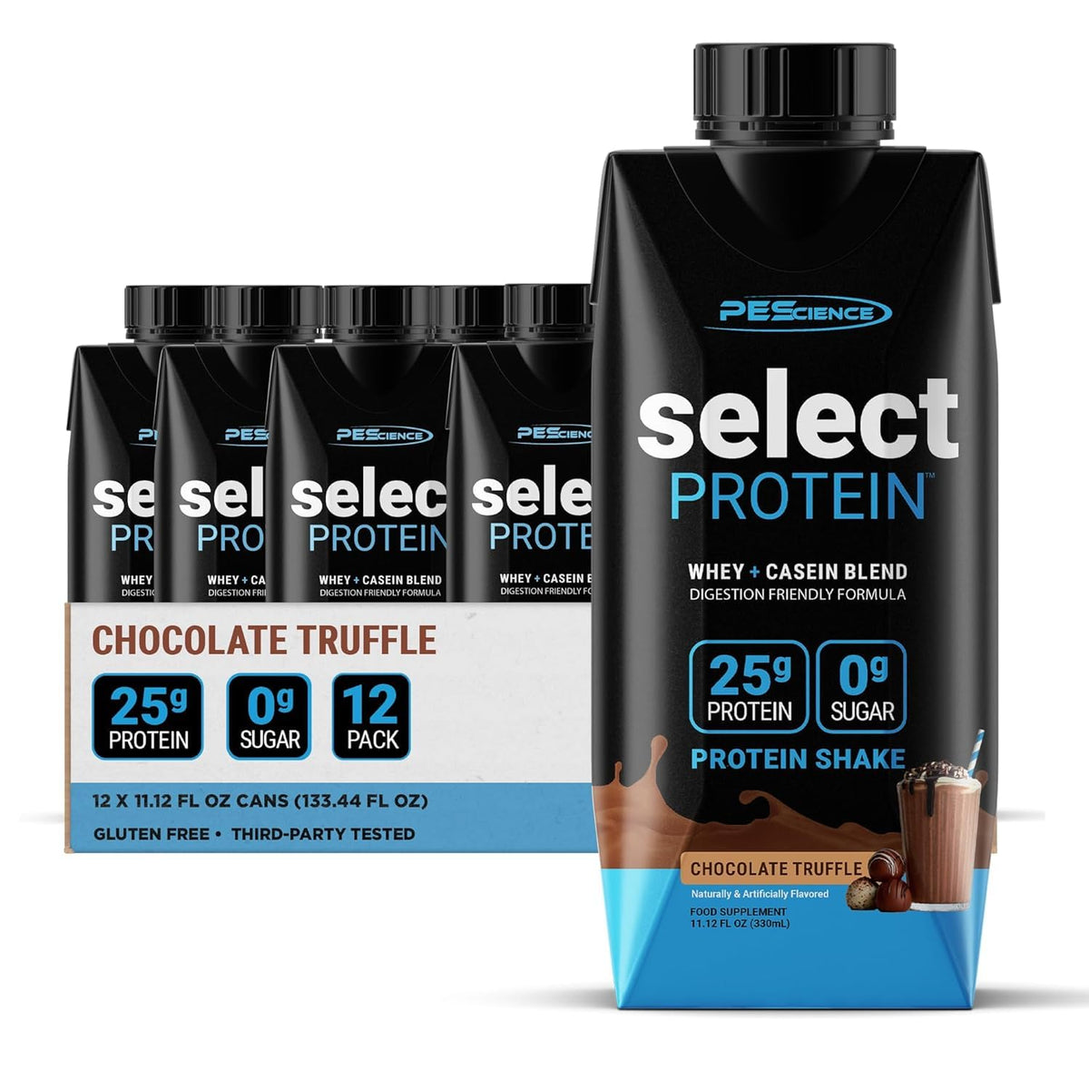 PEScience botella frontal Chocolate Truffle mostrando contenido alto en proteína