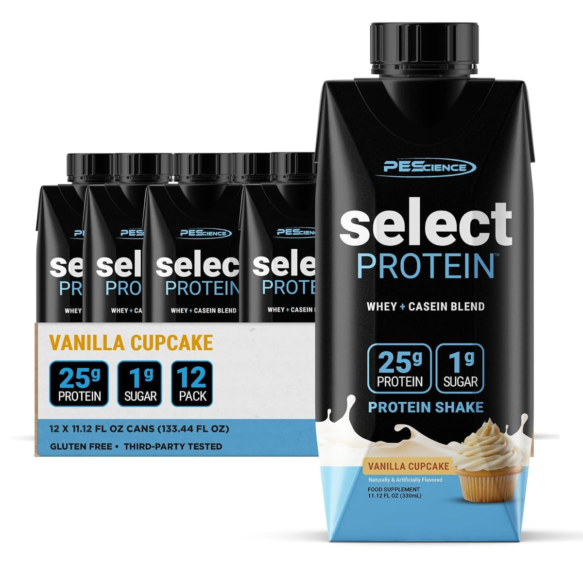 PEScience botella frontal mostrando la etiqueta y beneficio de 25 g proteína