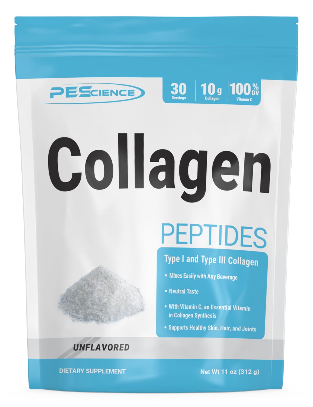 PEScience envase frontal del polvo de colágeno, presentación clara y profesional