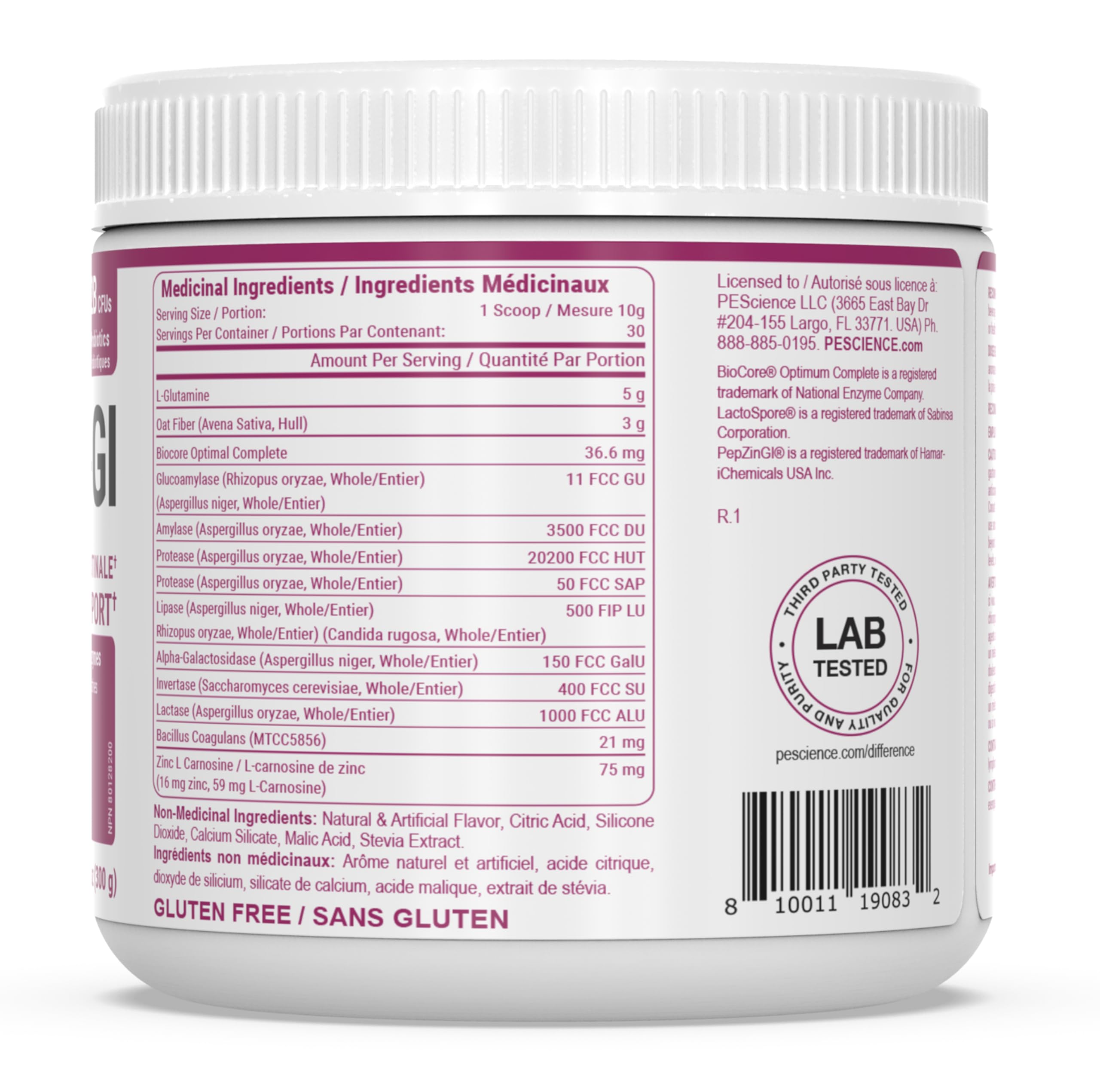 PEScience envase Complete-GI junto a una regla mostrando tamaño y 30 servicios