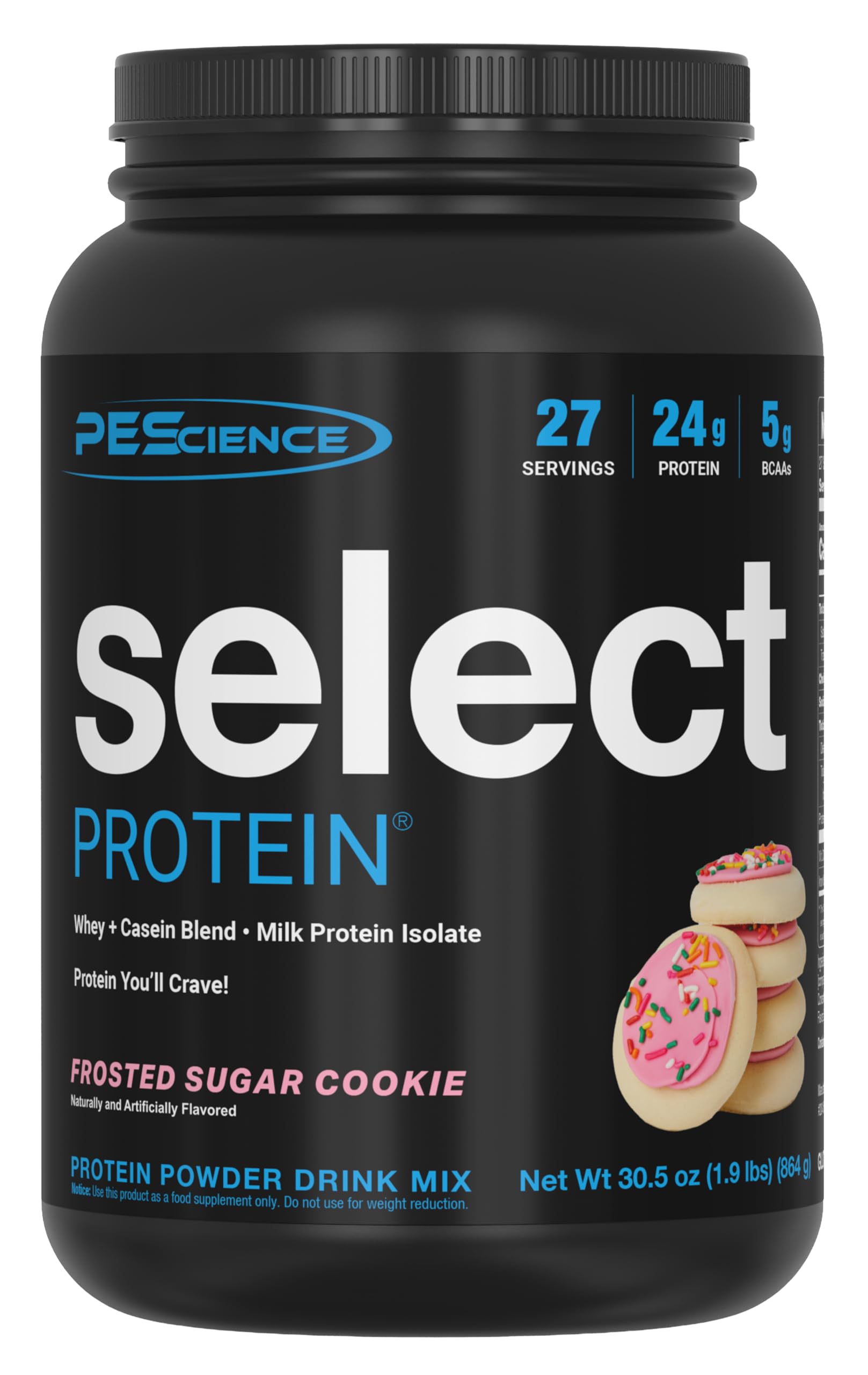 PEScience frontal del envase mostrando diseño y sabor Frosted Sugar Cookie