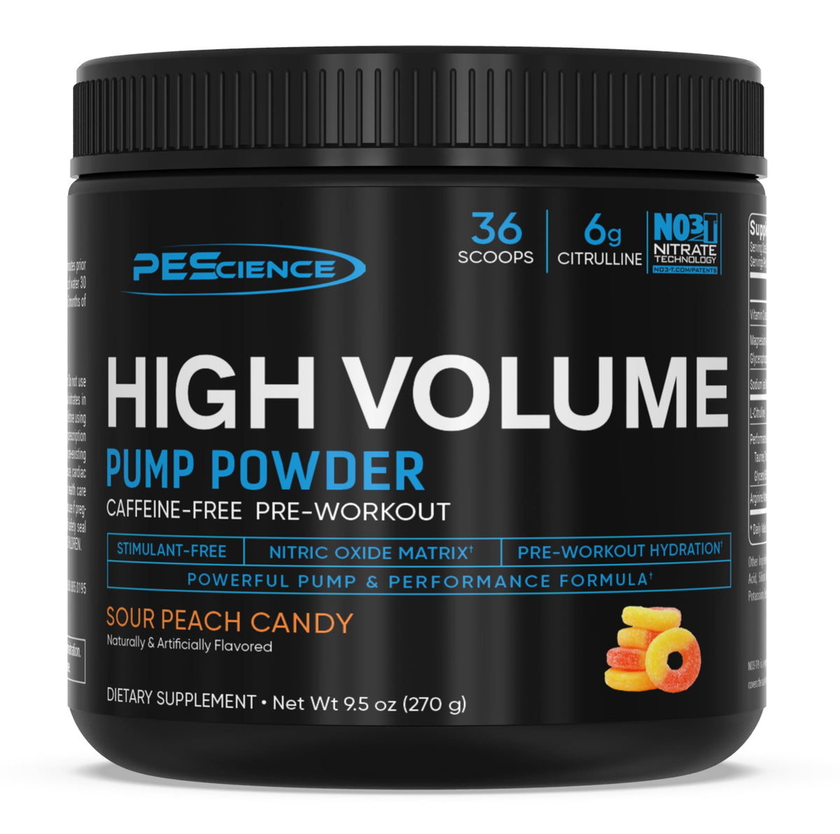 PEScience envase frontal mostrando sabor Sour Peach Candy y beneficios visuales