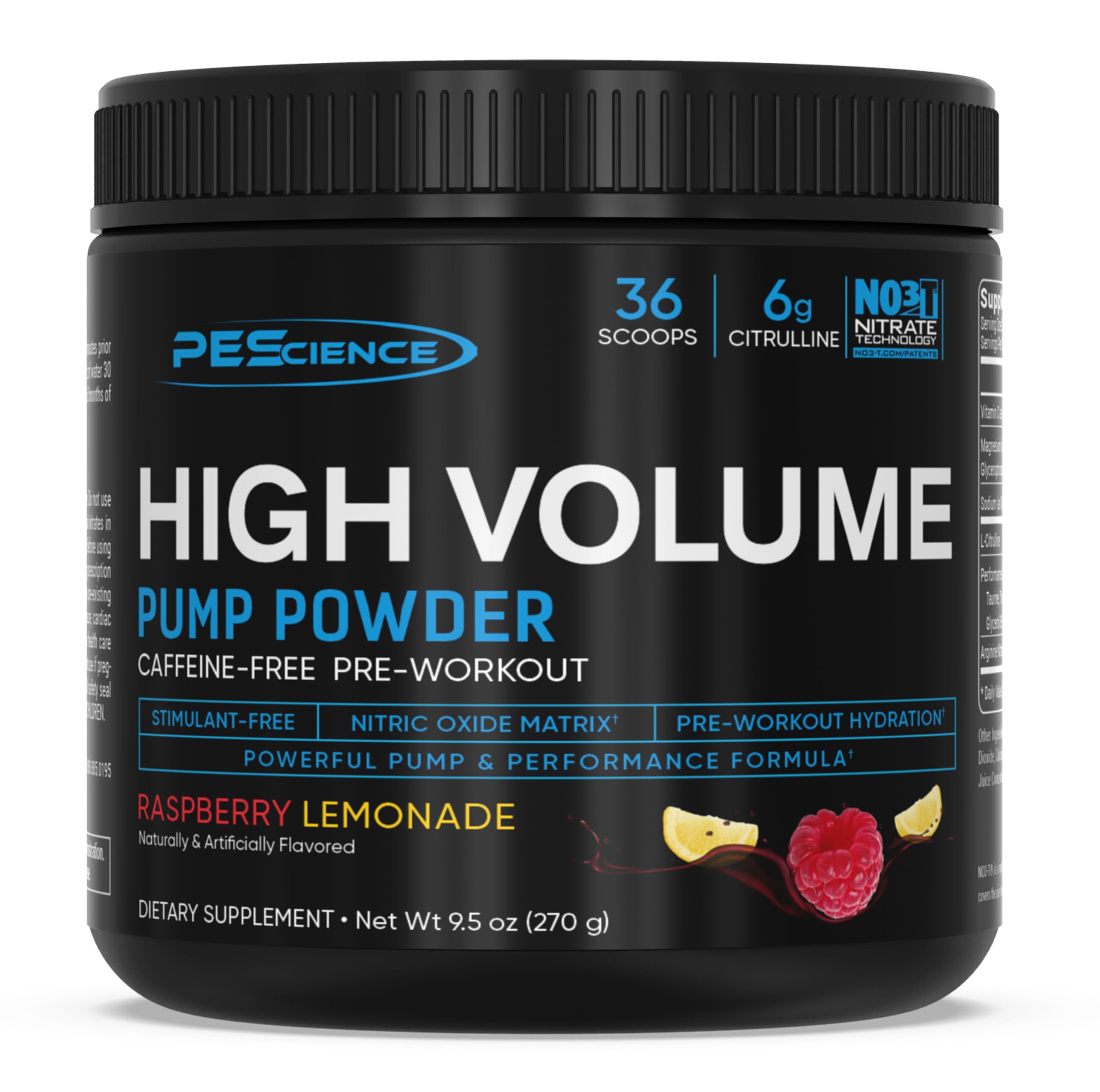 PEScience envase frontal High Volume mostrando etiqueta y sabor Raspberry Lemonade, ideal para pumps
