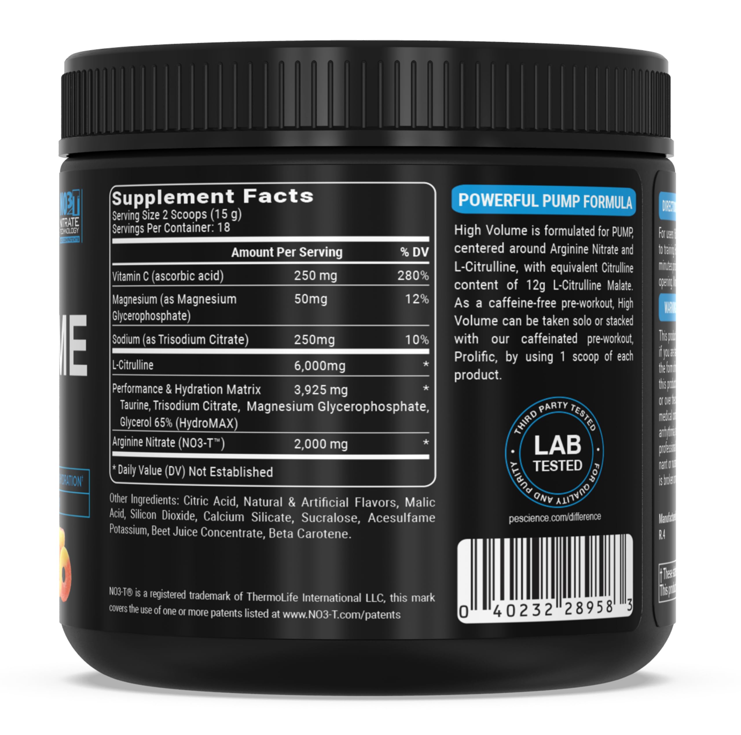 PEScience información nutricional resaltando L-citrulina y arginina nitrato