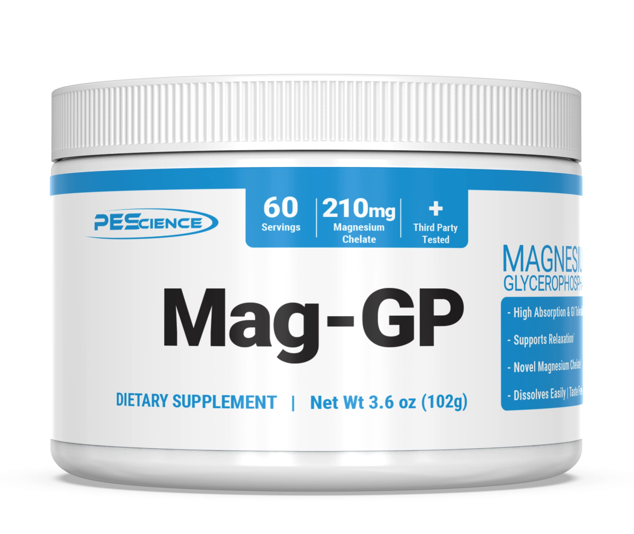 PEScience envase Mag-GP de frente mostrando diseño y tamaño, fácil identificación del producto