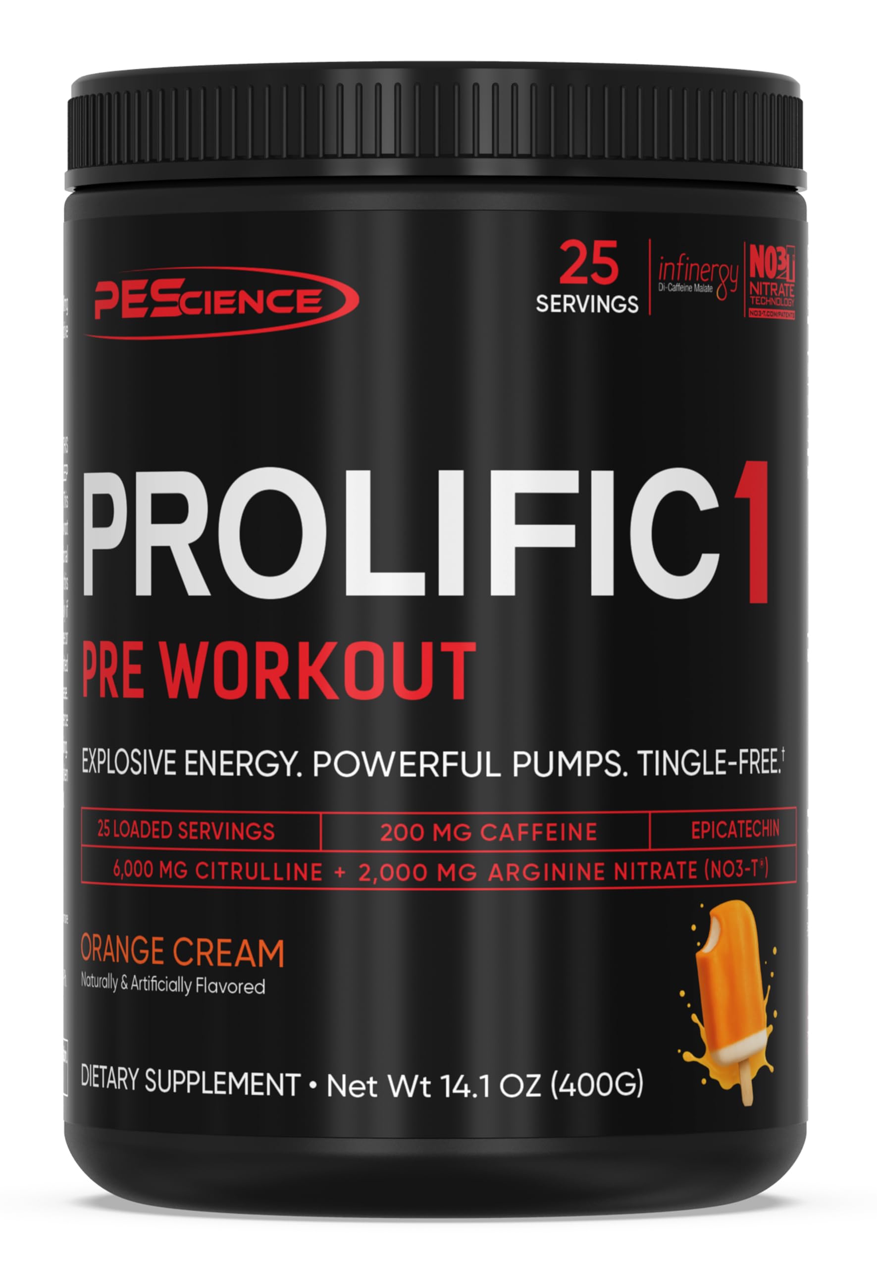PEScience envase frontal Prolific-1 mostrando sabor naranja crema y beneficios