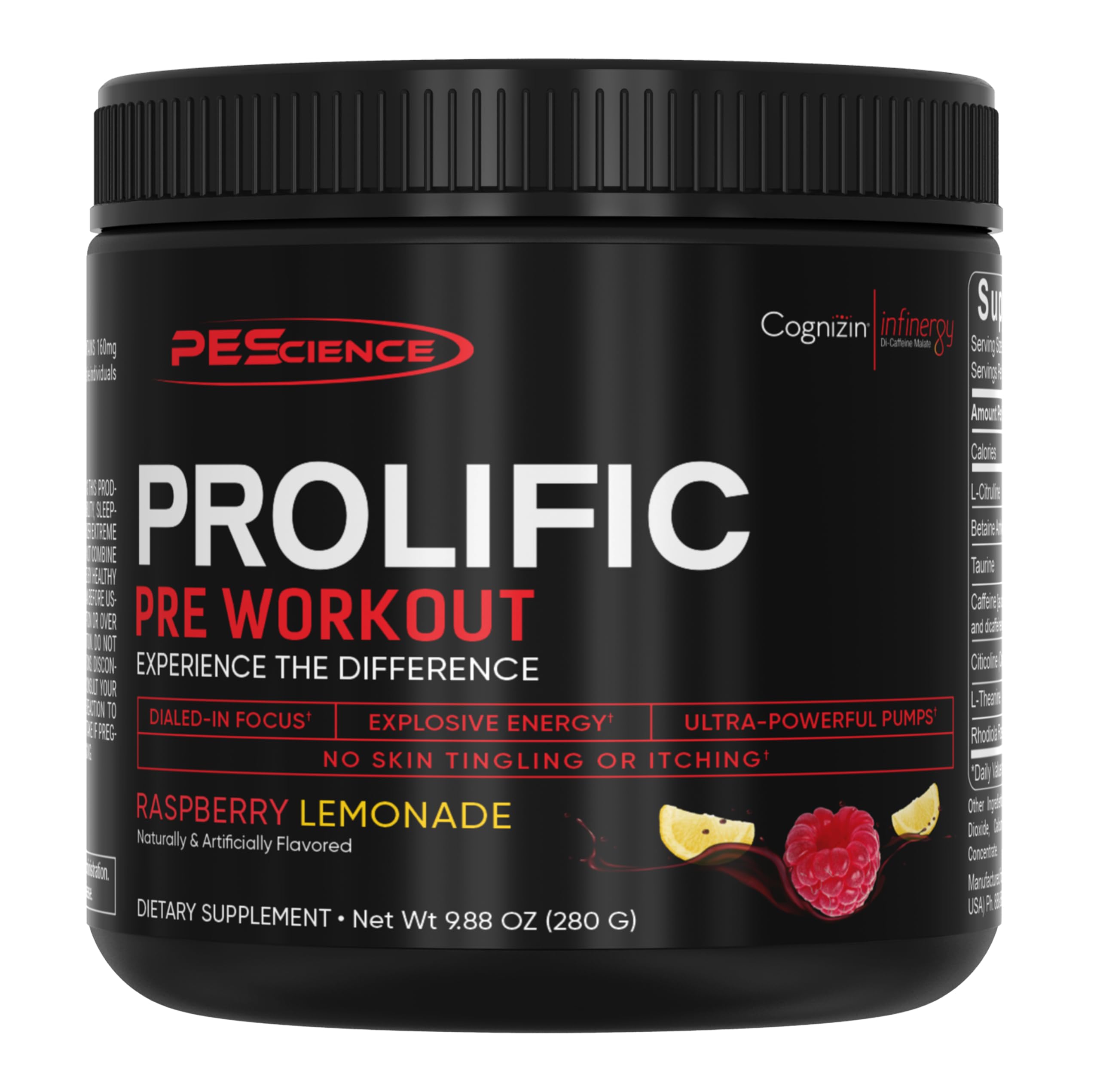 PEScience frasco frontal Raspberry Lemonade mostrando diseño y beneficio energético