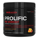PEScience frasco Prolific frontal muestra diseño y sabor Sour Peach Candy, atractivo visual